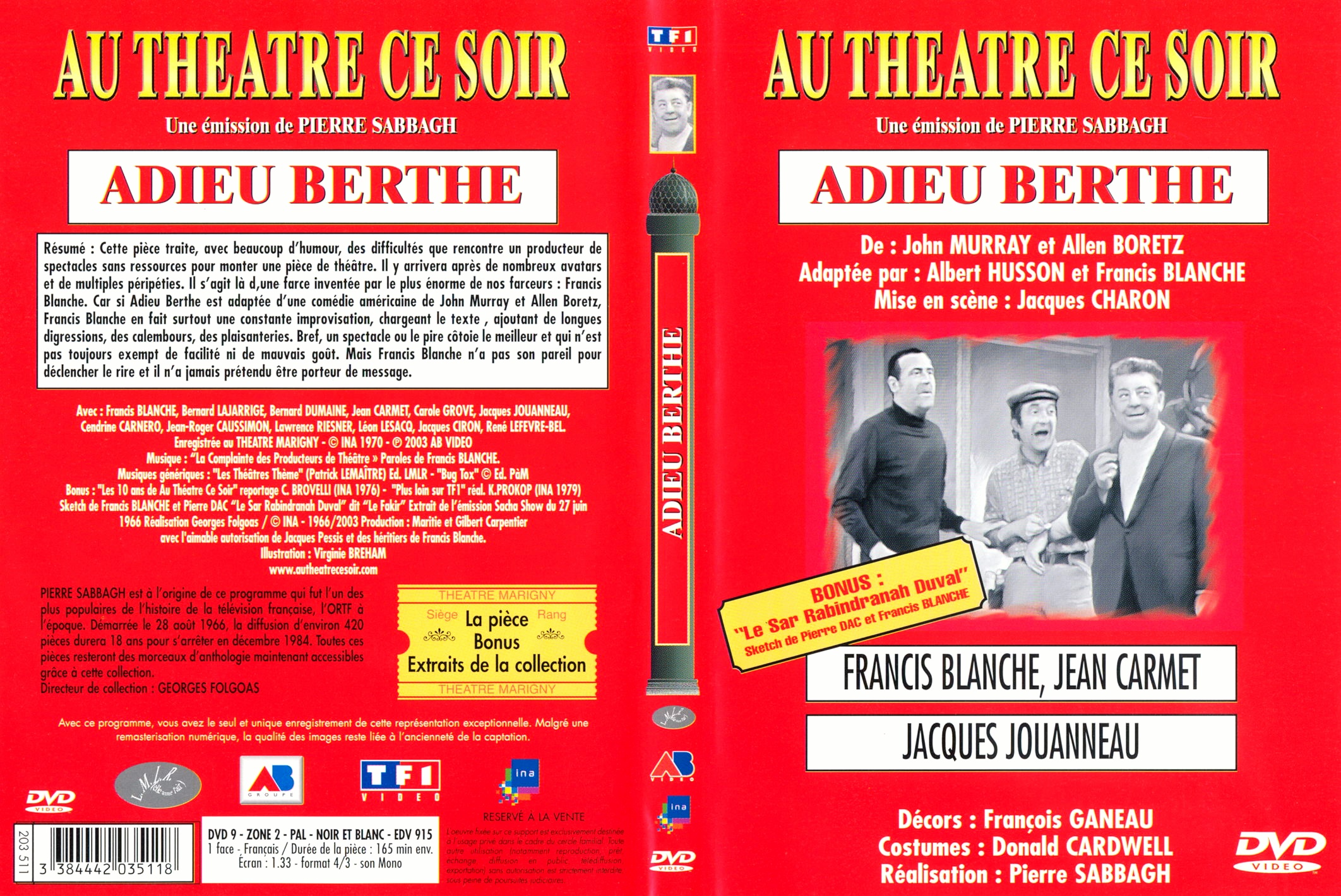 Jaquette DVD Au thatre ce soir - Adieu Berthe