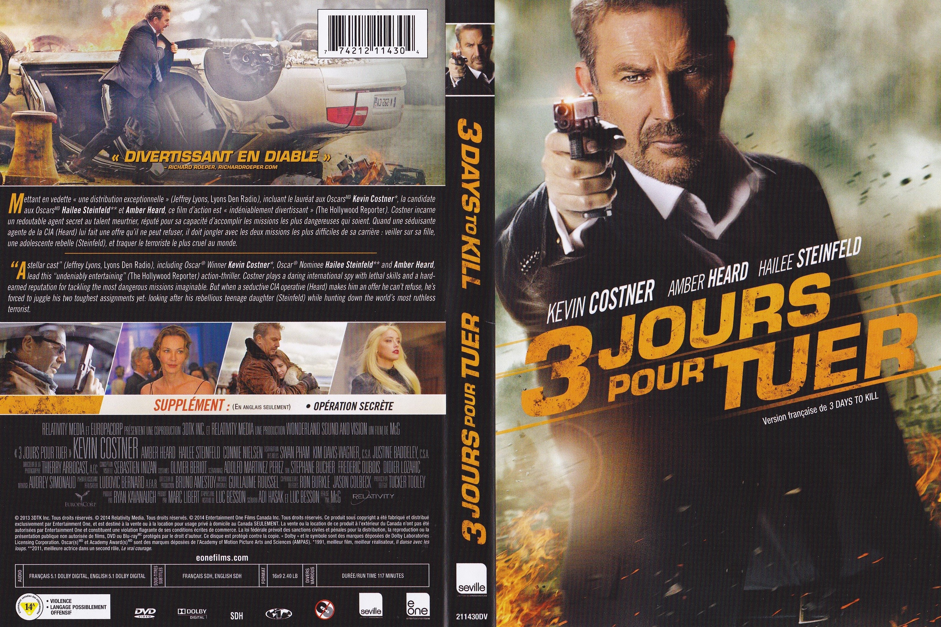 Jaquette DVD 3 jours pour tuer- 3 days to kill (Canadienne)