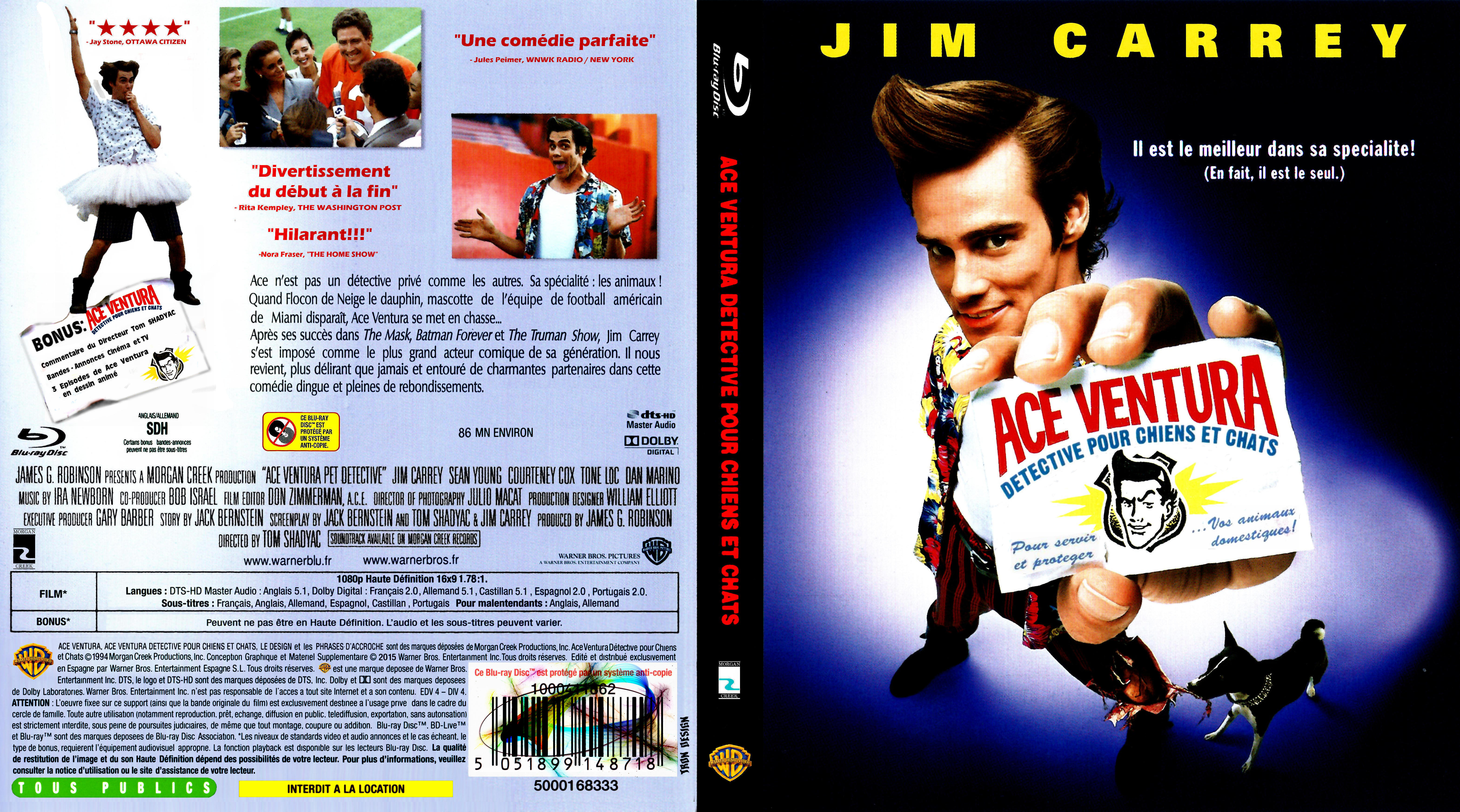 Jaquette DVD Ace Ventura, dtective chiens et chats custom (BLU-RAY)