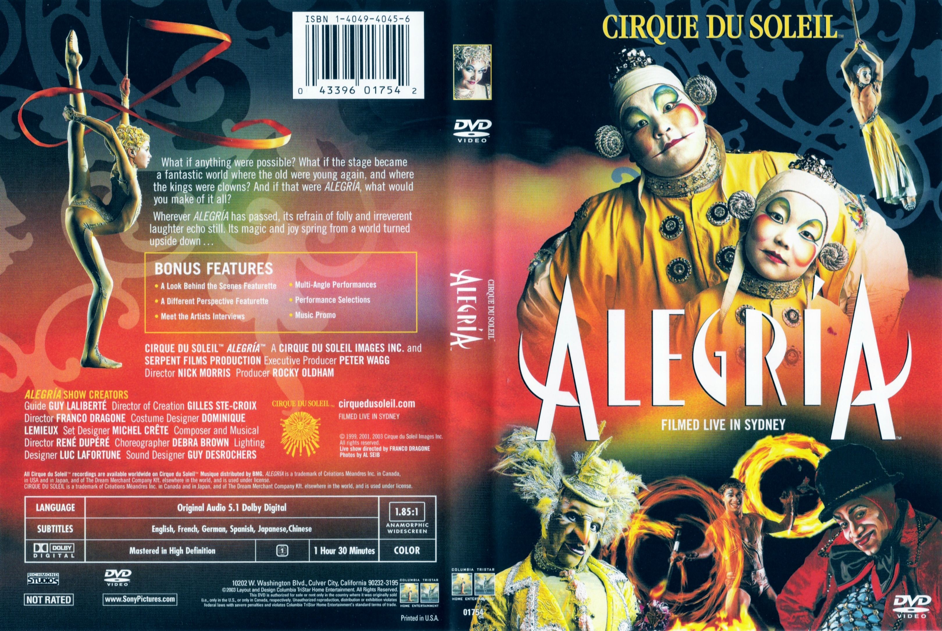 Jaquette DVD Alegria (Canadienne)