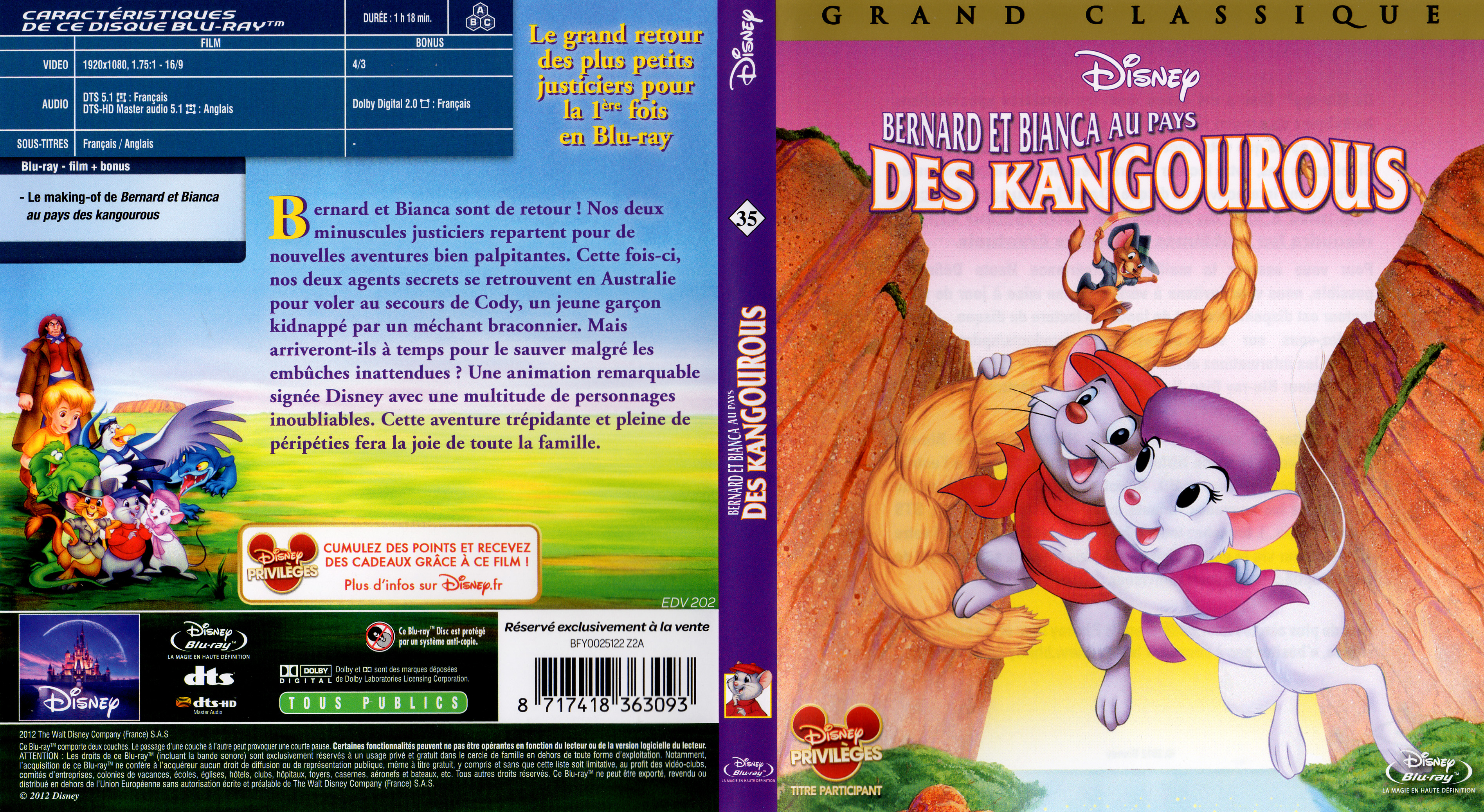 Jaquette DVD Bernard et Bianca au pays des kangourous (BLU-RAY)