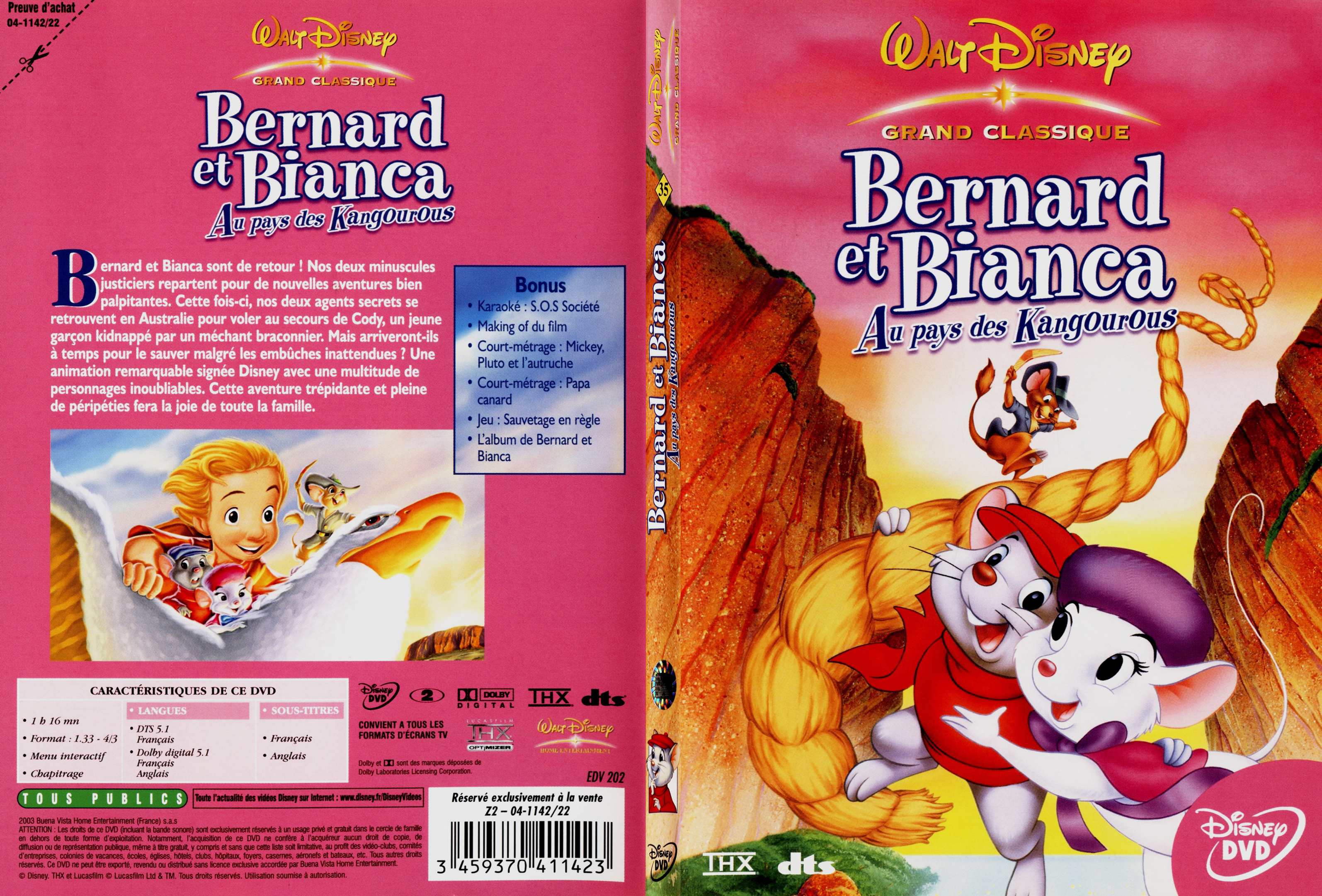 Jaquette DVD Bernard et Bianca aux pays des kangourous - SLIM