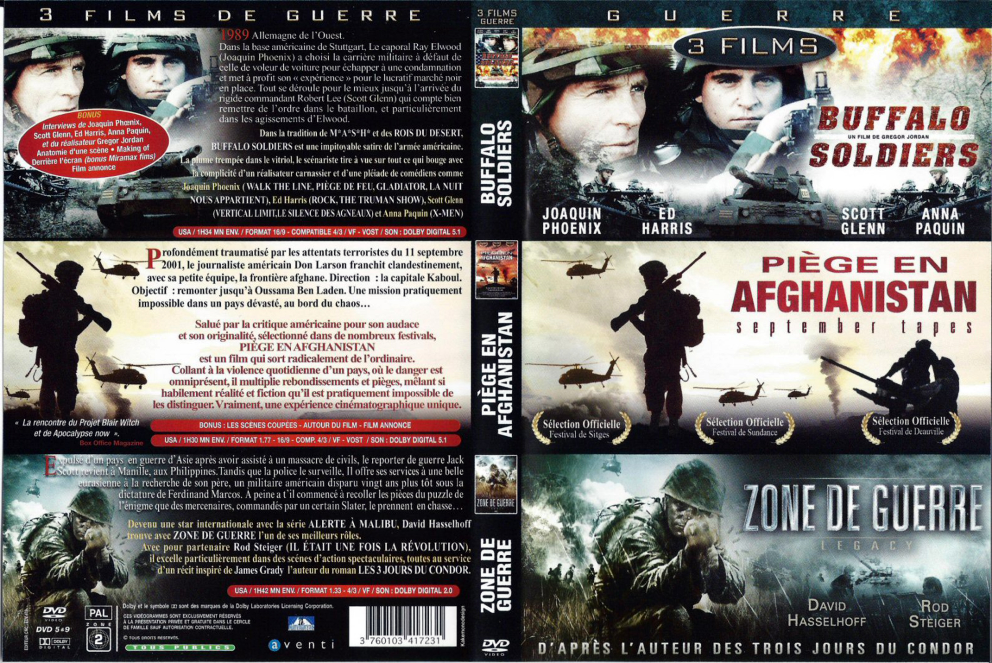 Jaquette DVD Buffalo Soldiers + Pige en Afghanistan + Zone de guerre