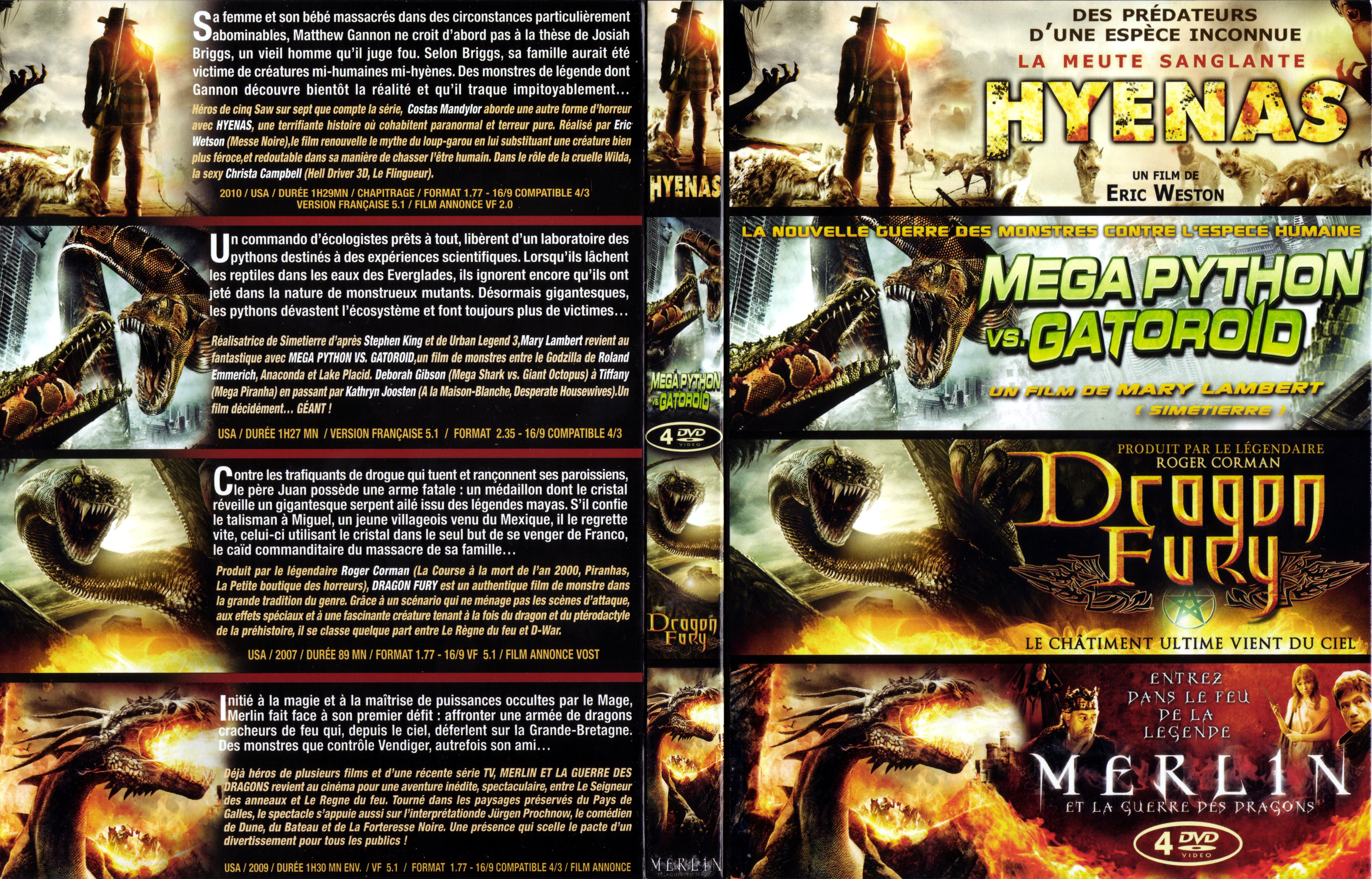Jaquette DVD COFFRET CREATURE  Hyenas + Mega Python vs Gatoroid + Dragon fury + Merlin et la guerre des dragons