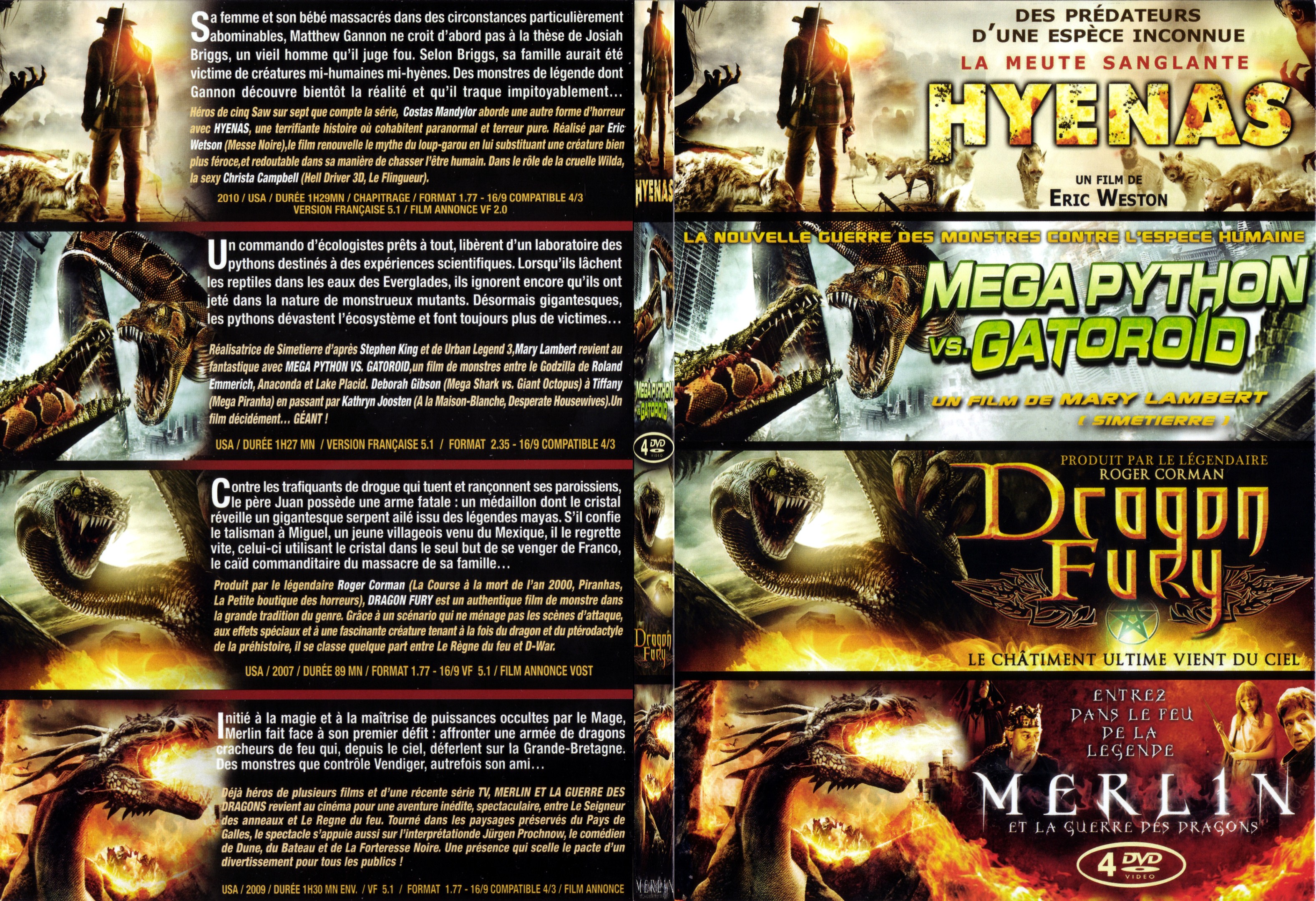 Jaquette DVD COFFRET CREATURE  Hyenas + Mega Python vs Gatoroid + Dragon fury + Merlin et la guerre des dragons - SLIM