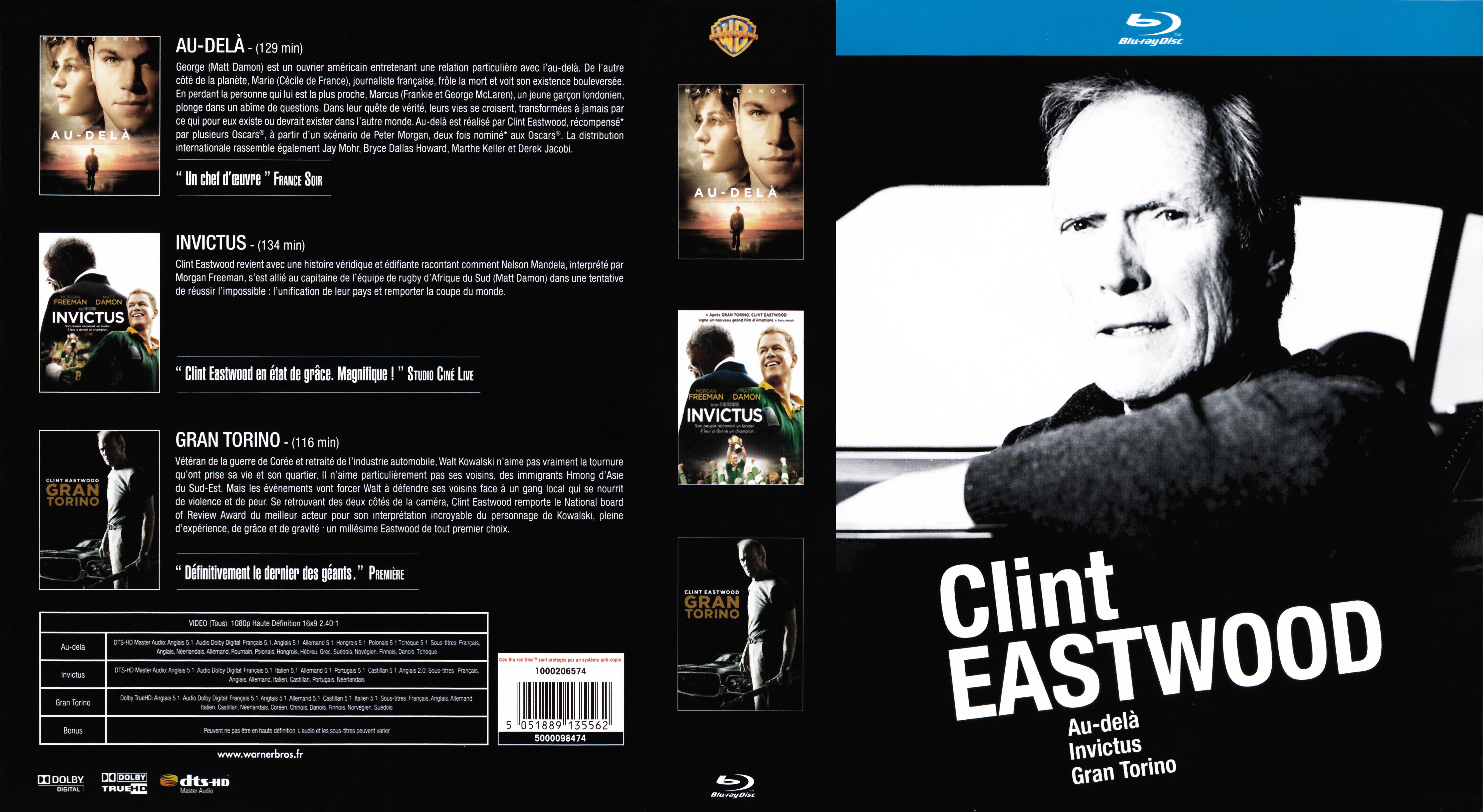 Jaquette DVD Clint Eastwood  Au-dela + Gran torino + Invictus COFFRET (BLU-RAY)
