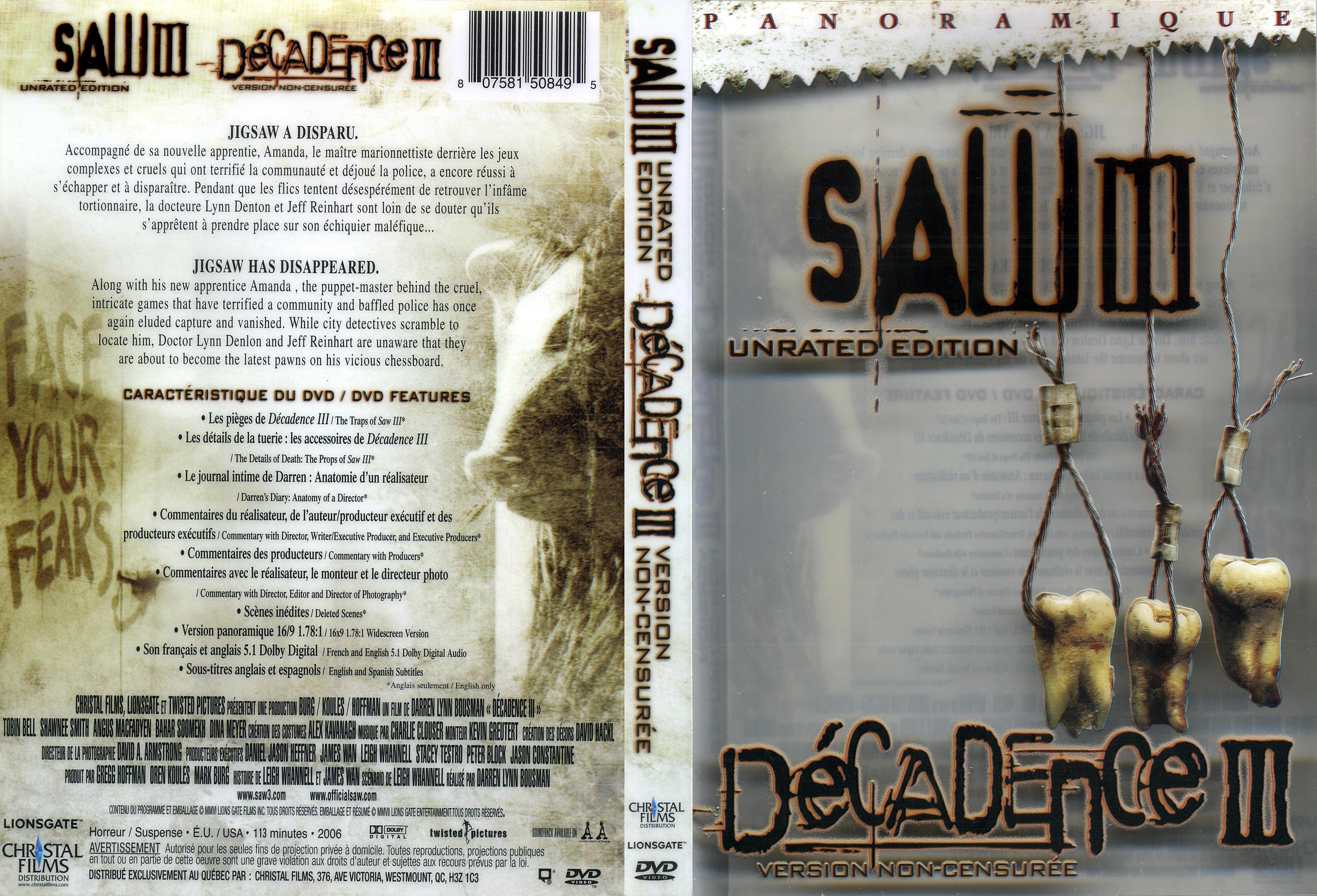 Jaquette DVD Dcadence 3 - Saw 3 (Canadienne)