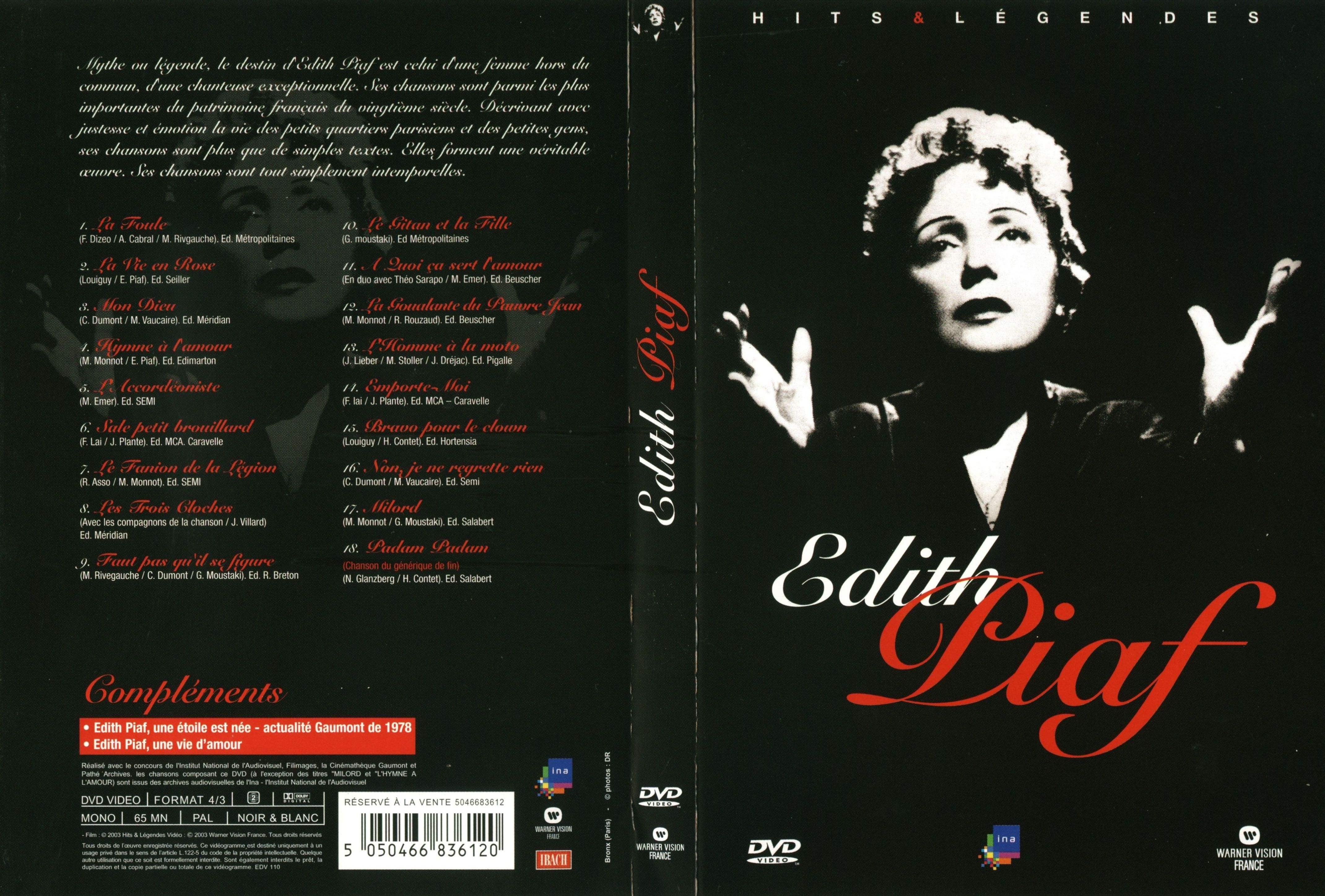 Jaquette DVD Edith Piaf - hits et lgendes