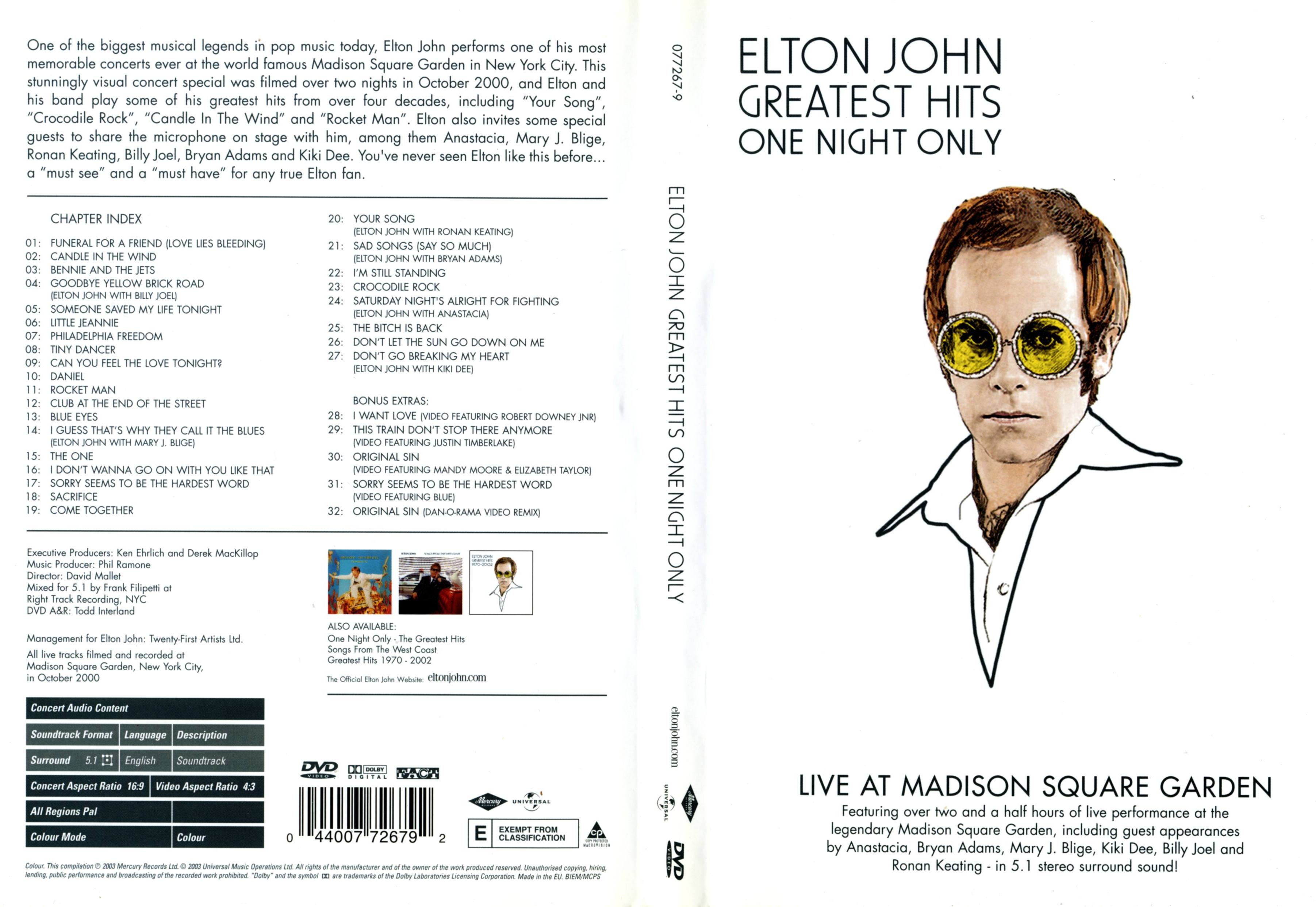 Jaquette DVD Elton John - Greatest Hits One Night Only-