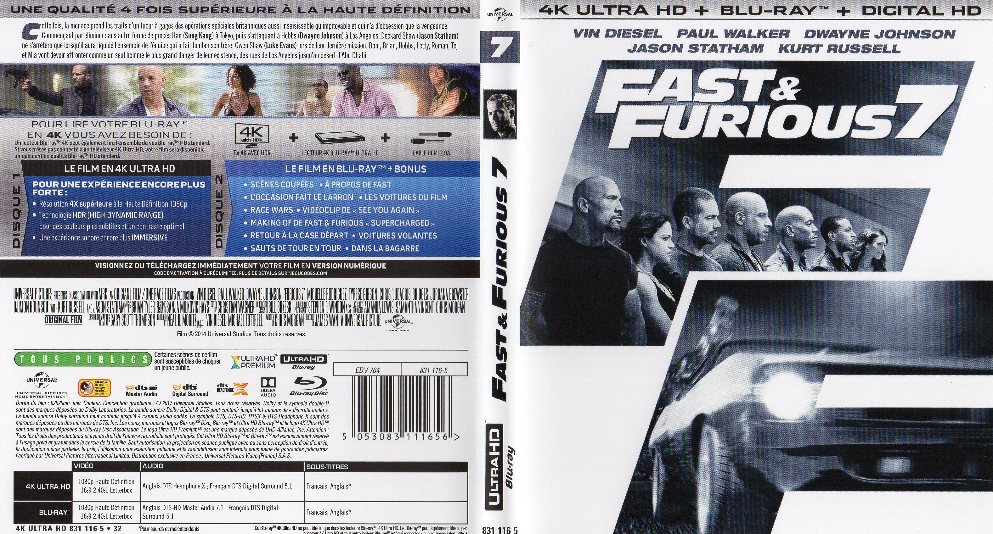 Jaquette DVD Fast & Furious 7 4K (BLU-RAY)