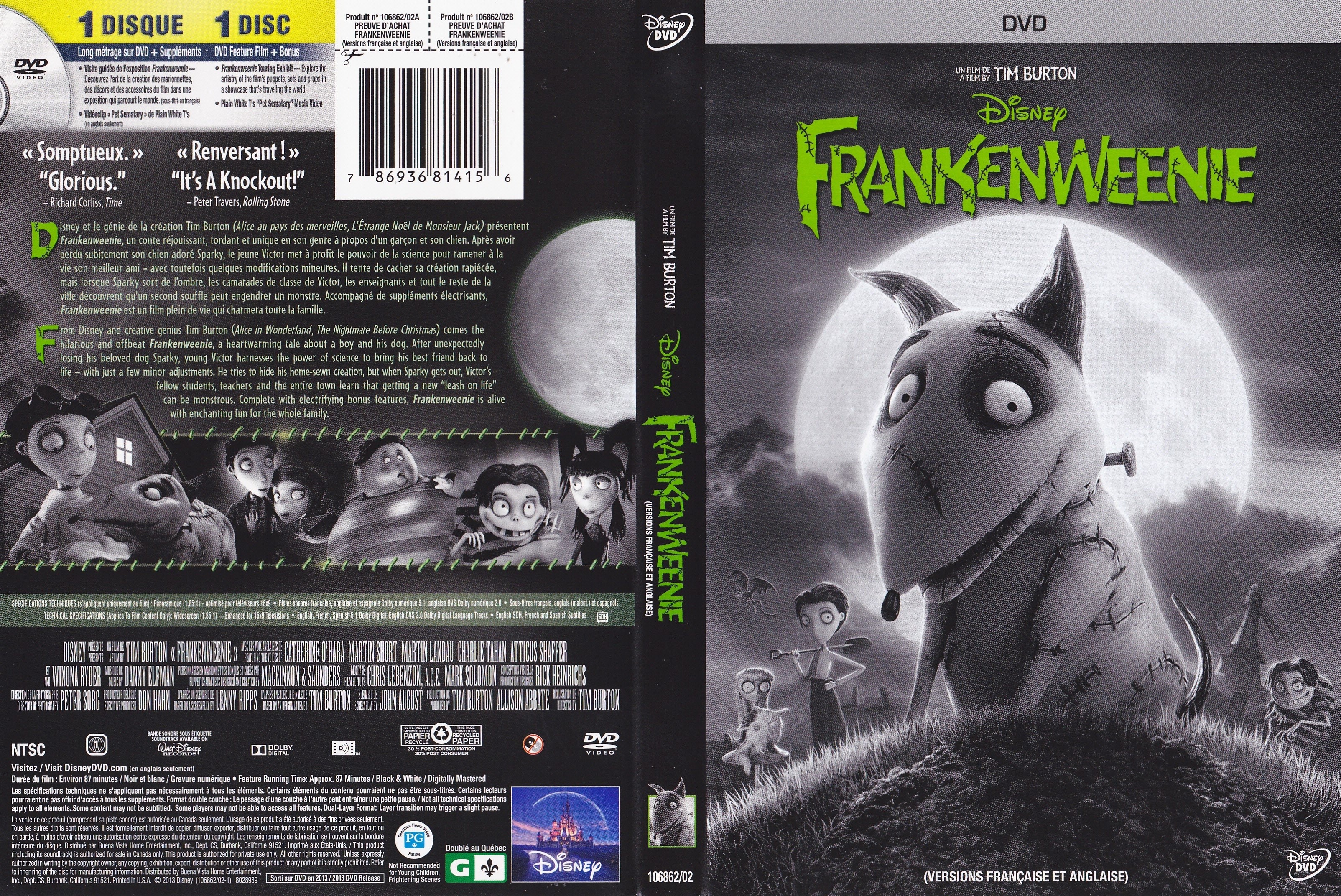 Jaquette DVD Frankenweenie (Canadienne)