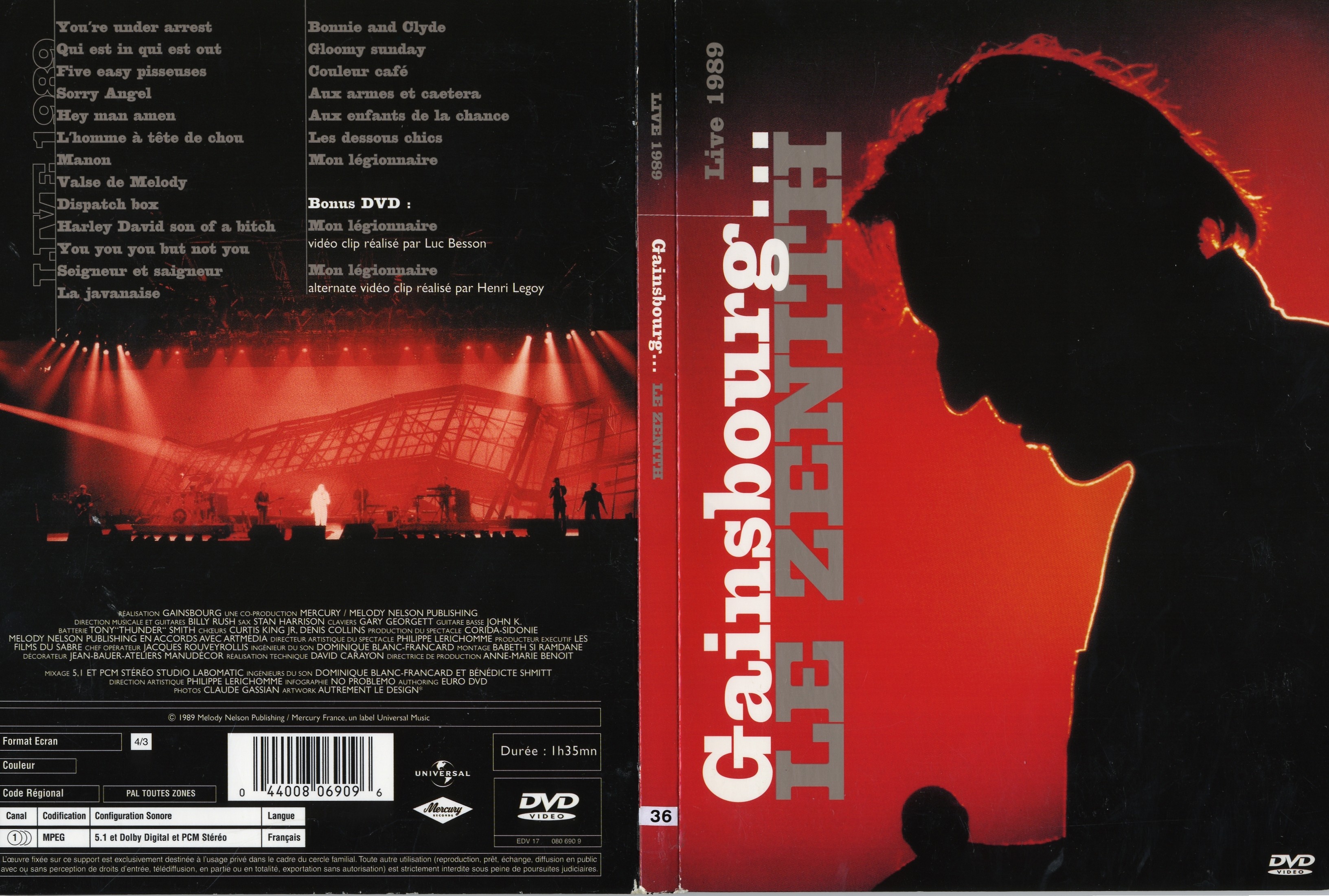 Jaquette DVD Gainsbourg live 1989 Zenith