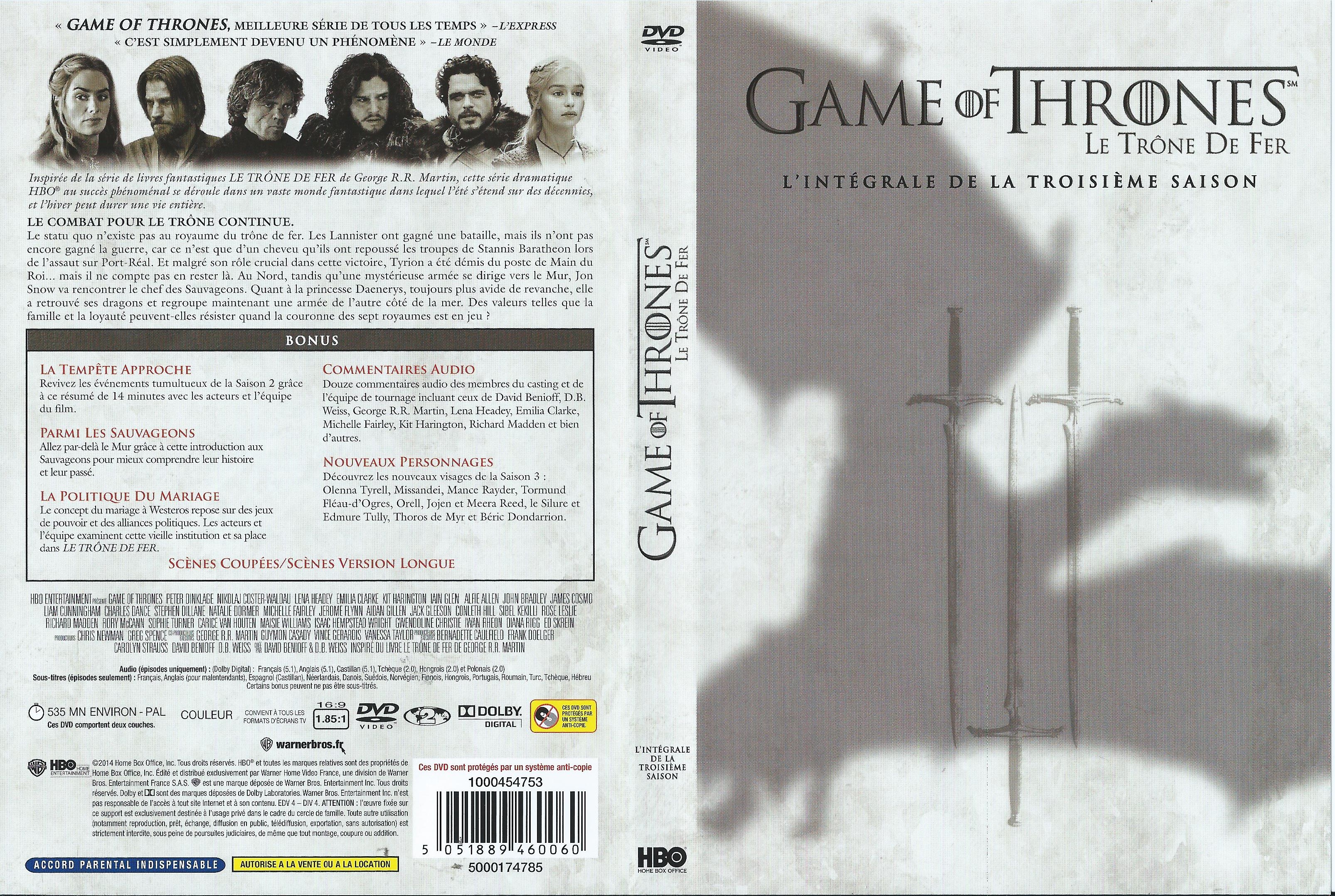 Jaquette DVD Game of thrones (le trone de fer) Saison 3