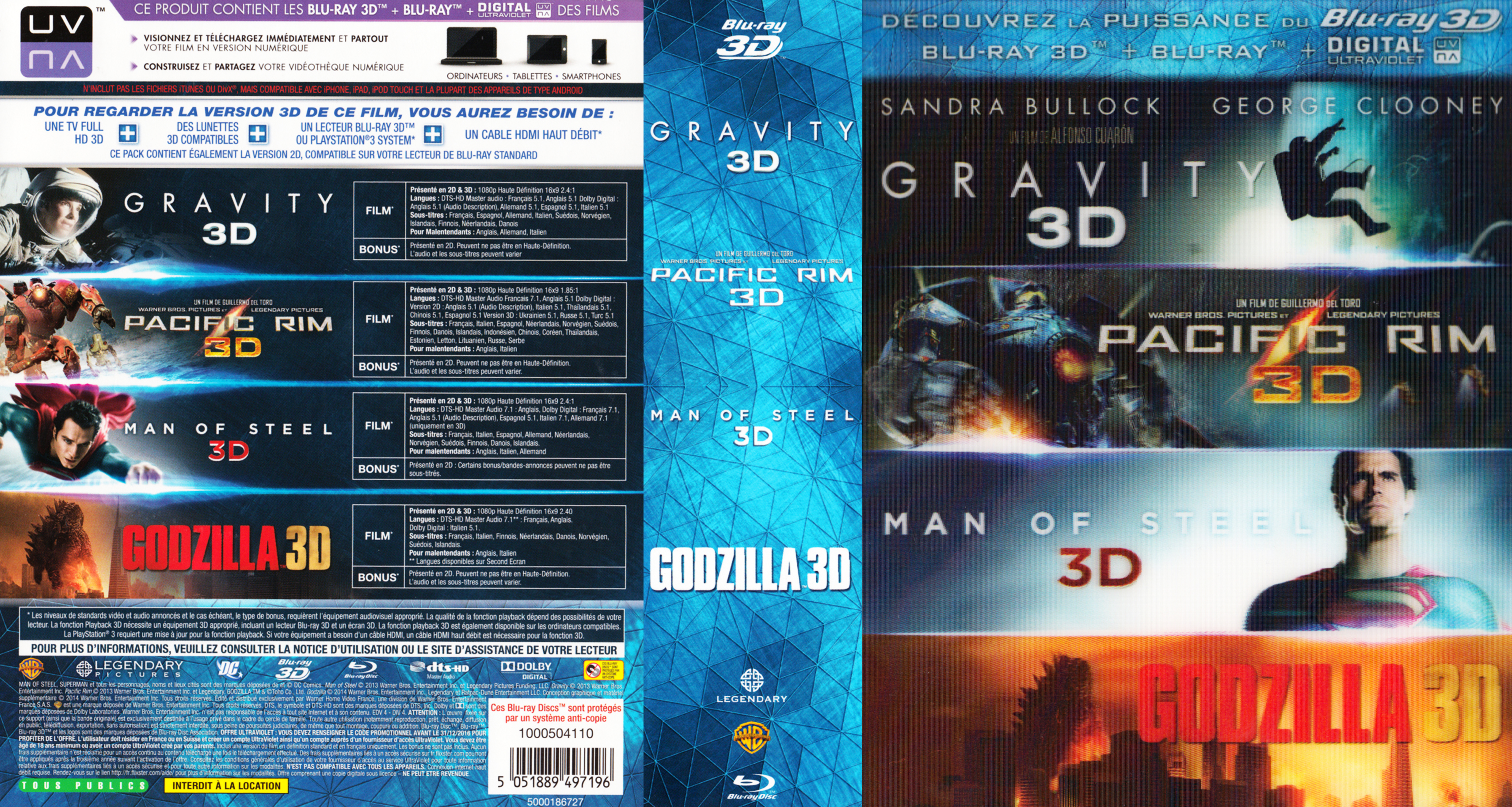 Jaquette DVD Gravity - Pacific Rim - Man of steel - Godzilla 3D COFFRET (BLU-RAY)