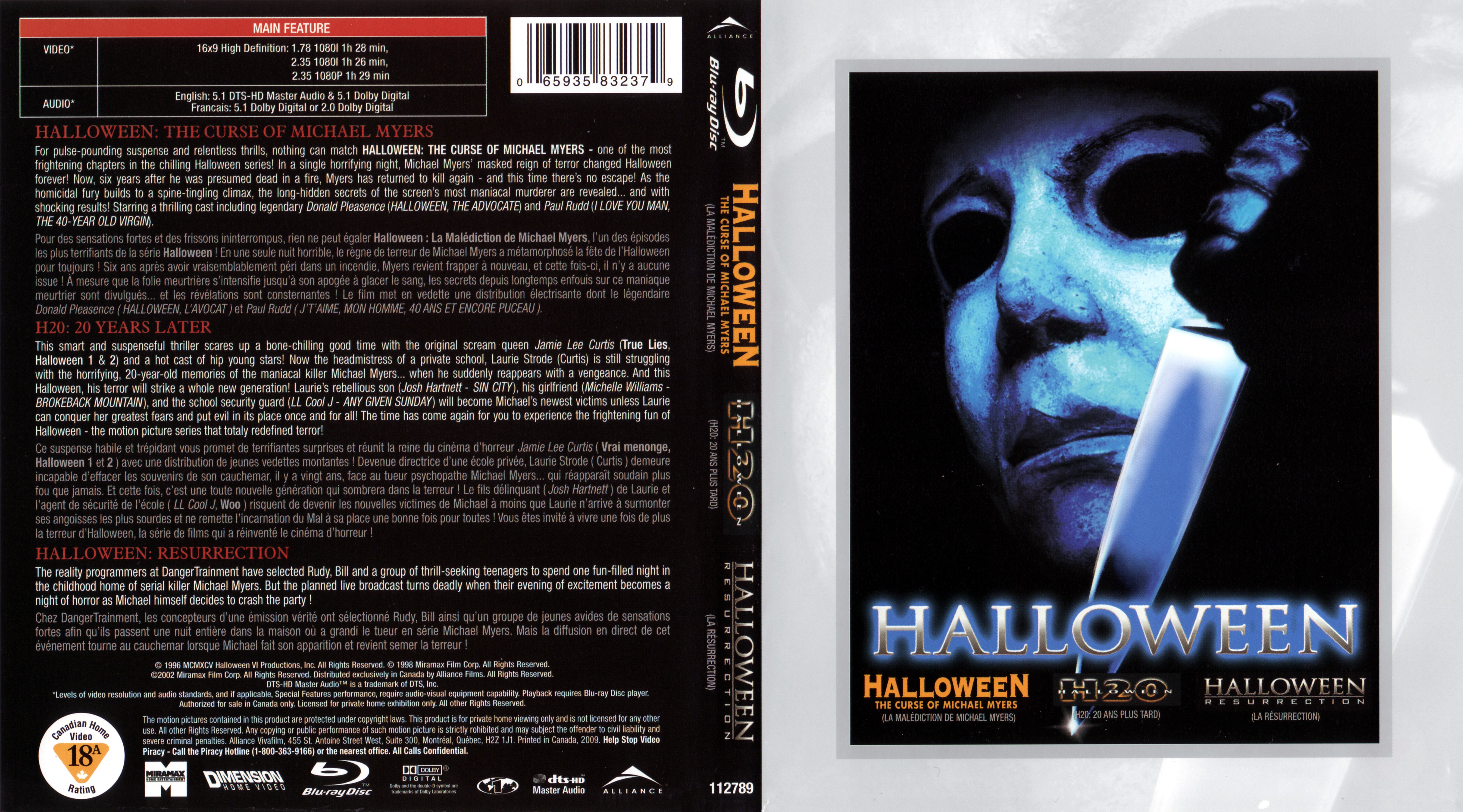 Jaquette DVD Halloween 6 + 20 ans aprs + Resurrection (BLU-RAY)