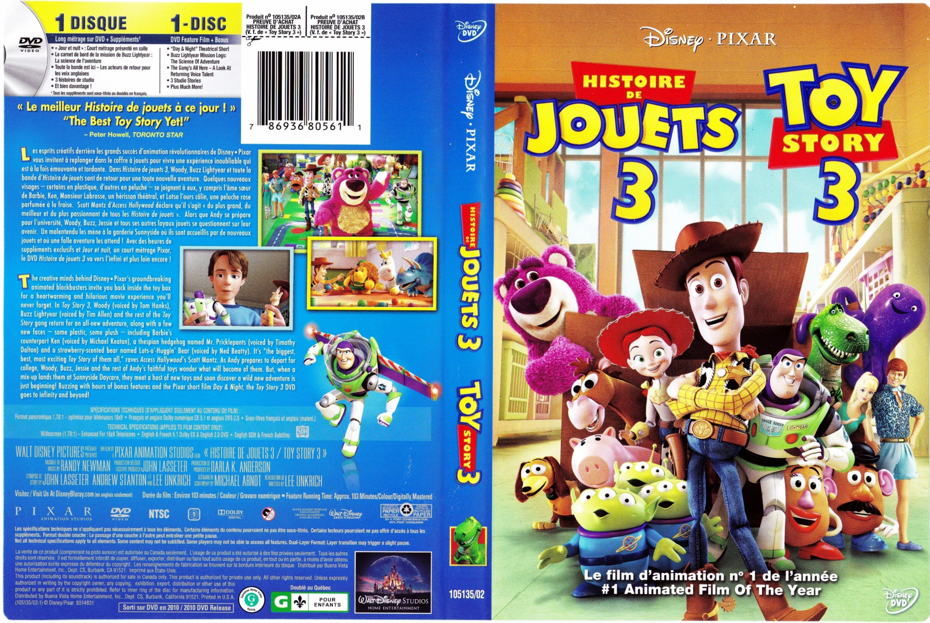 Jaquette DVD Histoire de jouet 3 (Canadienne)