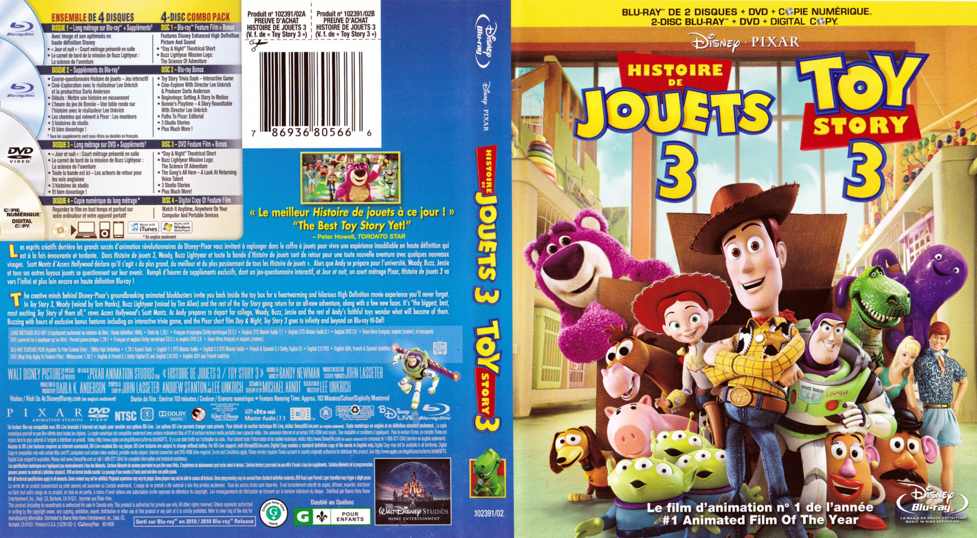 Jaquette DVD Histoire de jouet 3 - Toy story 3 (Canadienne) (BLU-RAY)