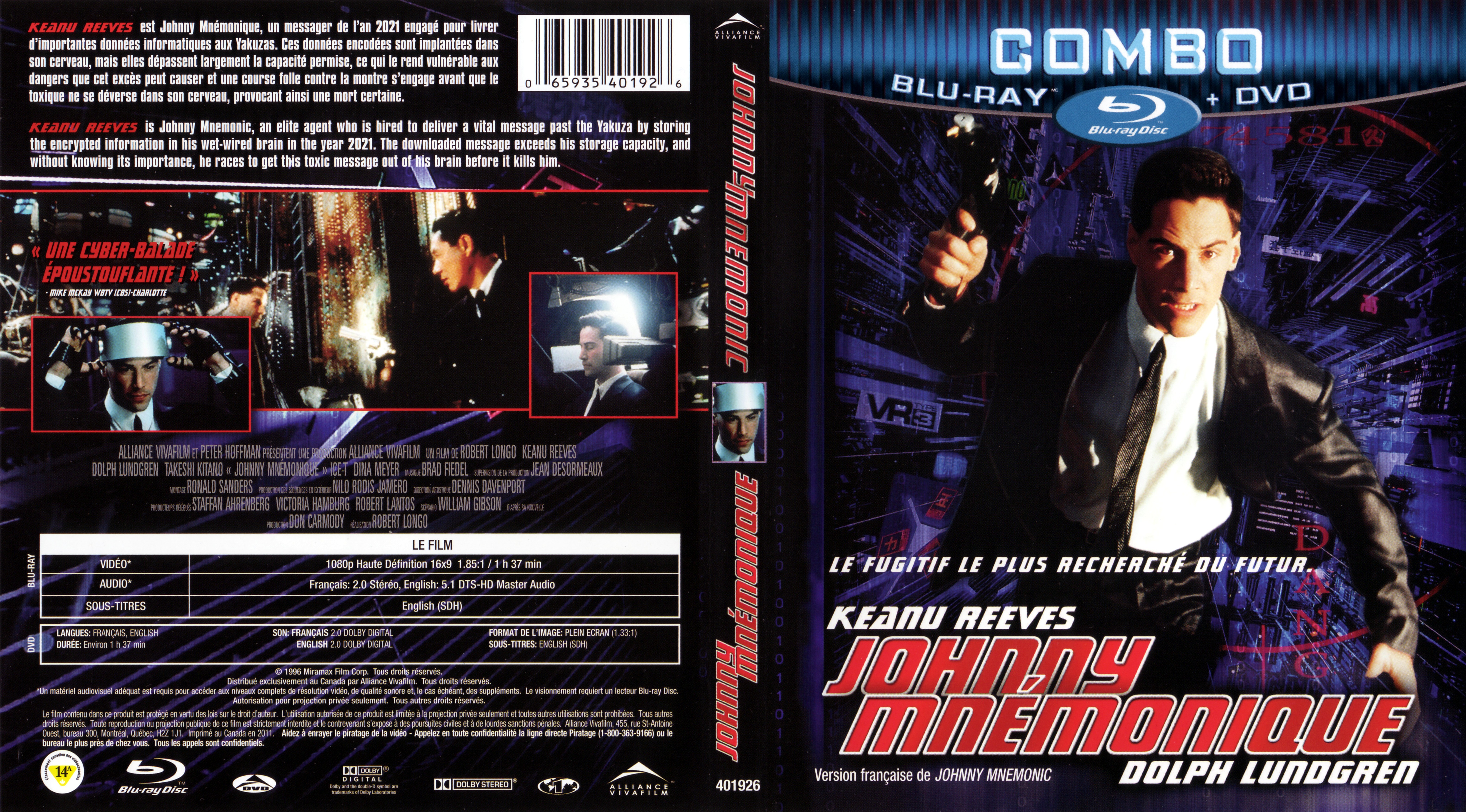 Jaquette DVD Johnny Mnemonique -Johnny Mnemonic (Canadienne) (BLU-RAY)