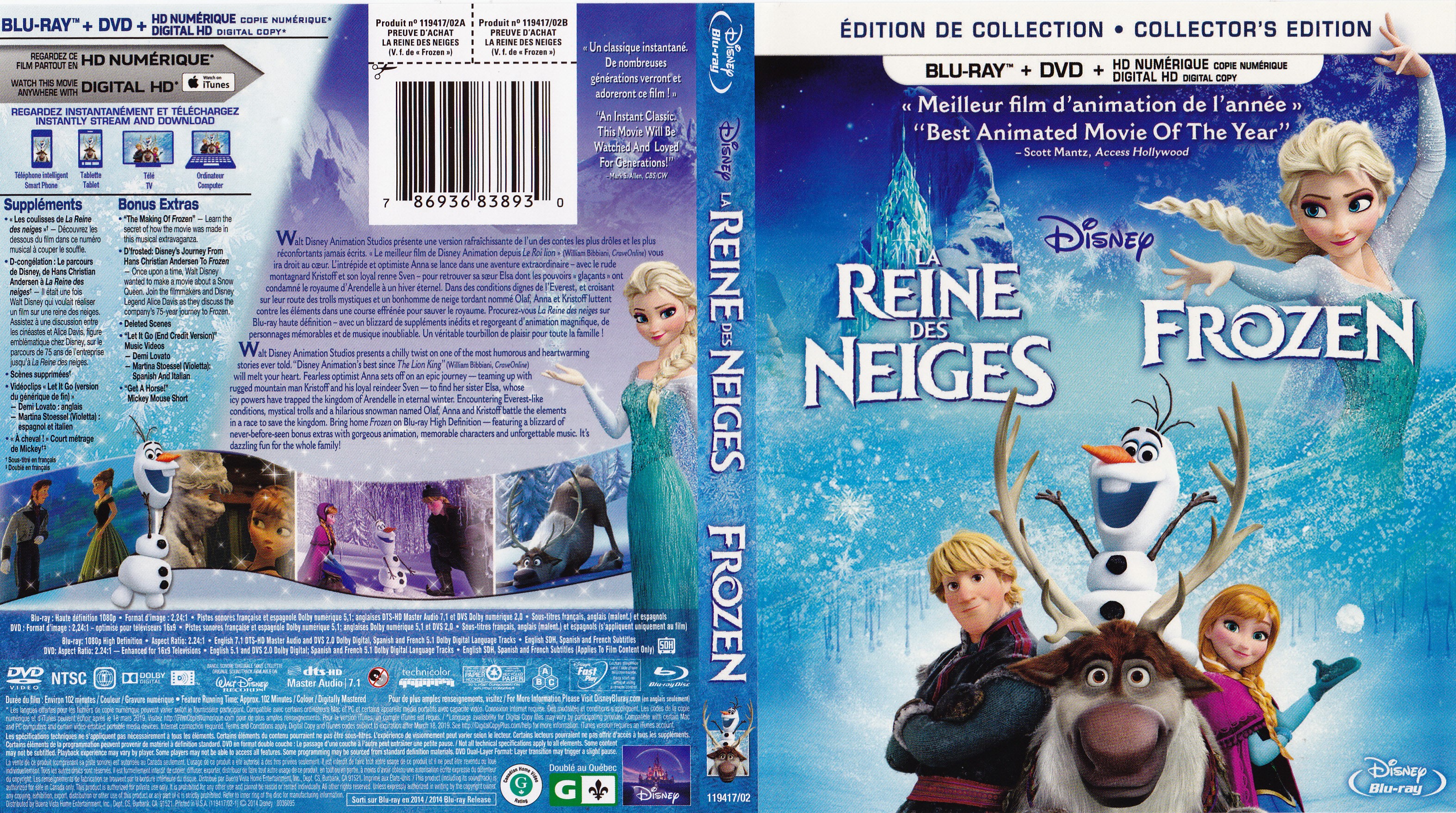 Jaquette DVD La Reine des neiges (Canadienne) (BLU-RAY)