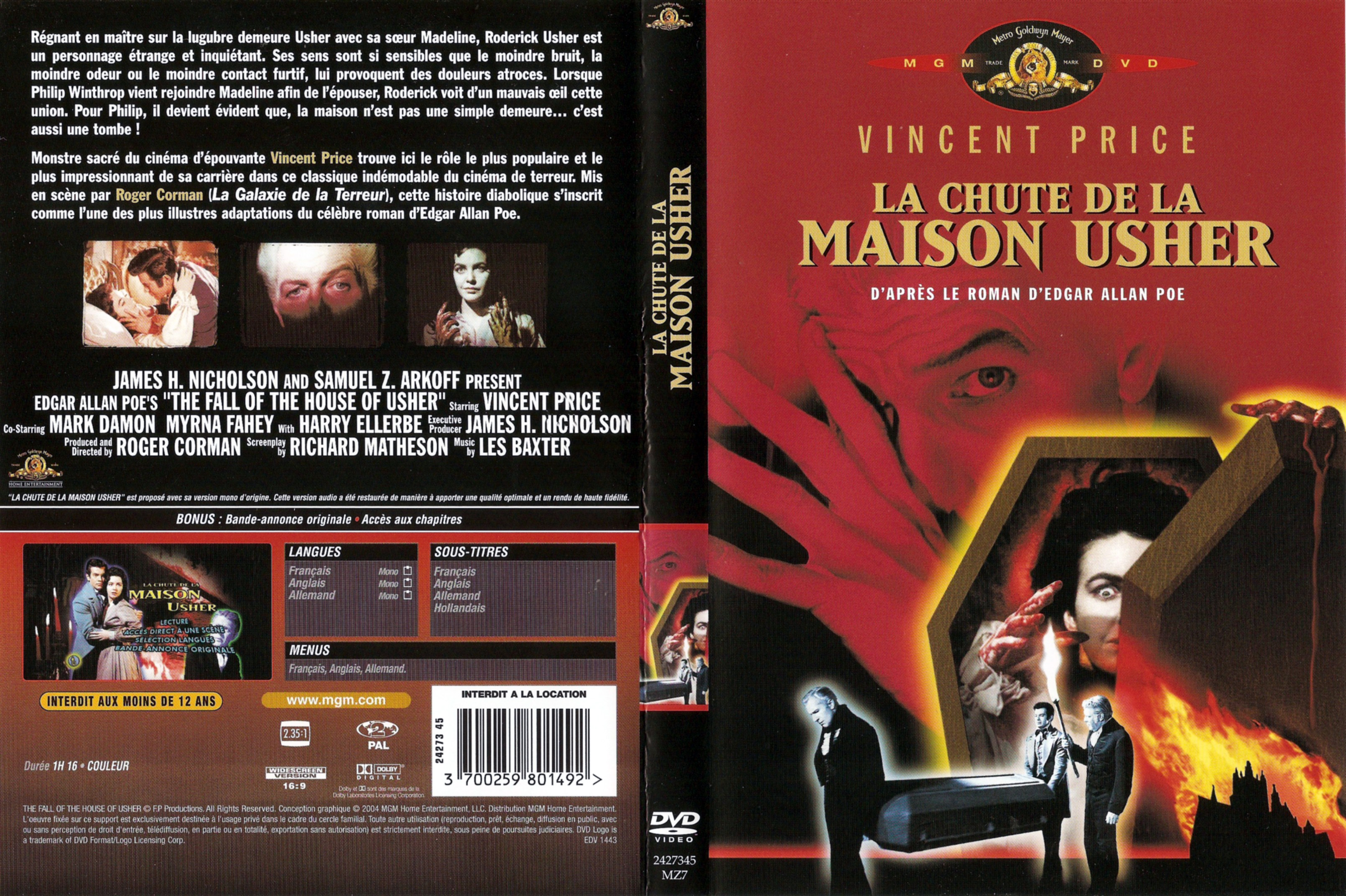 Jaquette DVD La chute de la maison Usher (1960)