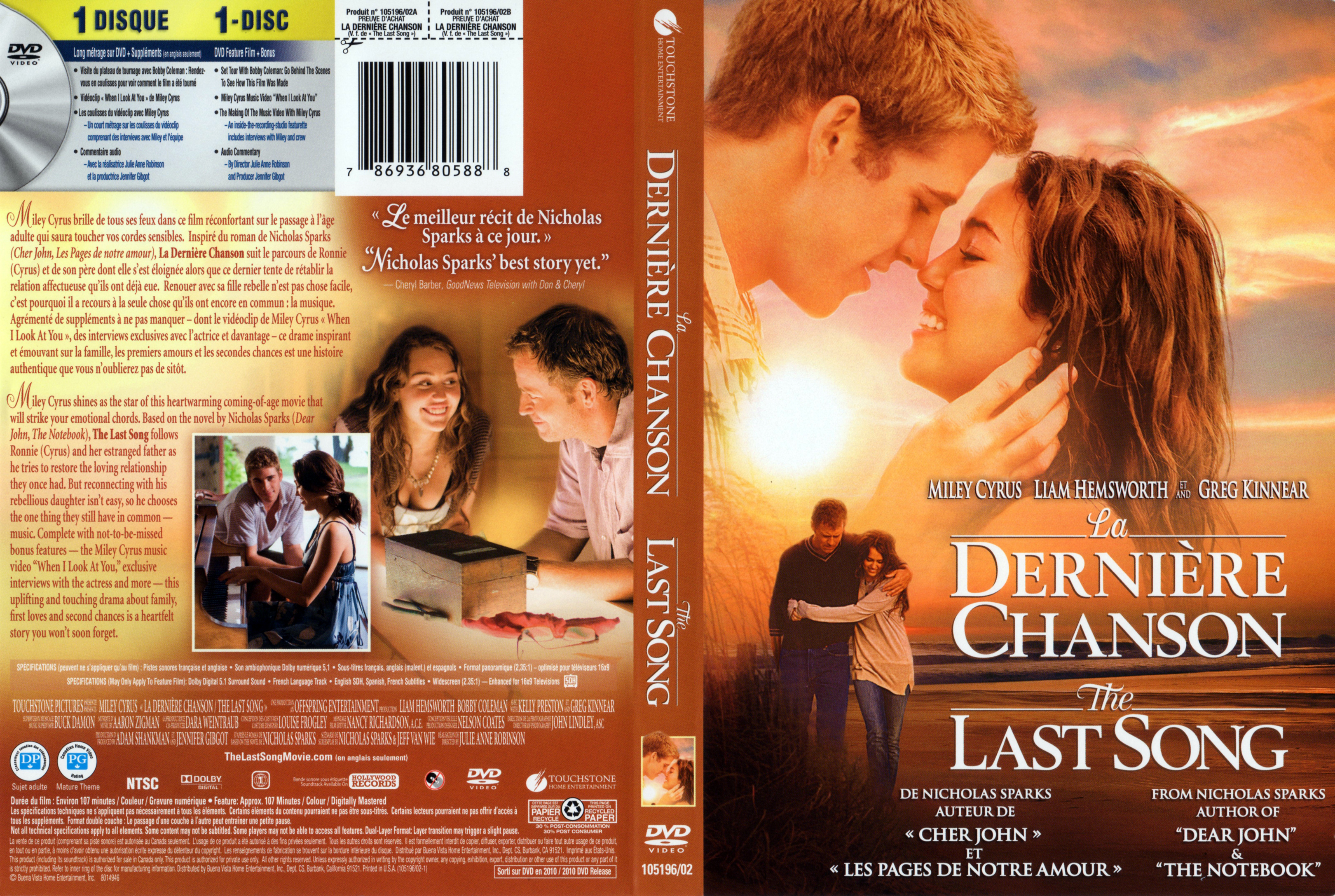 Jaquette DVD La dernire chanson - The last song (Canadienne)