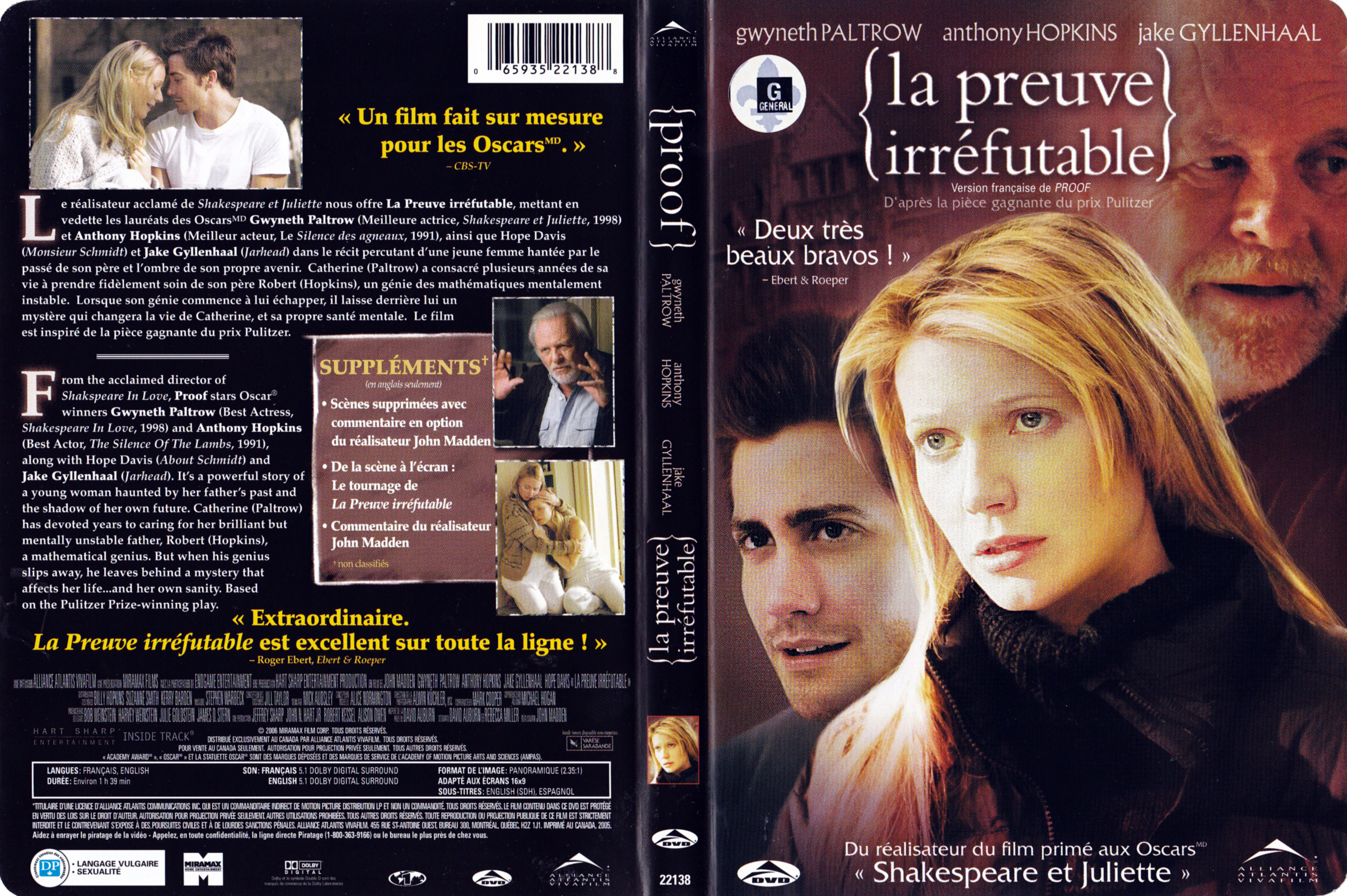 Jaquette DVD La preuve irrfutable - Proof (Canadienne)