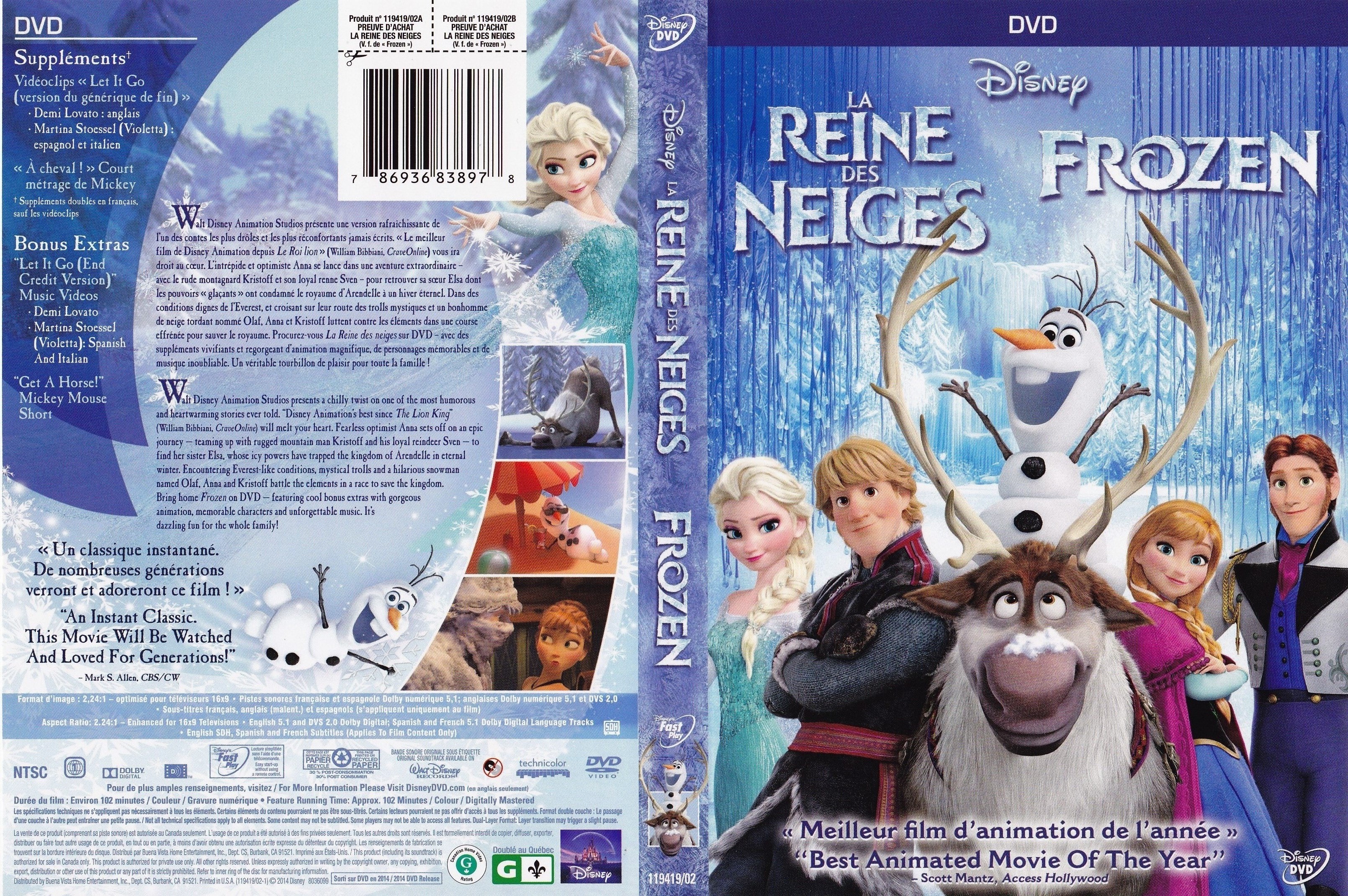 Coffret Dvd Reine Des Neiges 1 Et 2 Jaquette DVD de La reine des neiges - Frozen (Canadienne) - Cinéma Passion