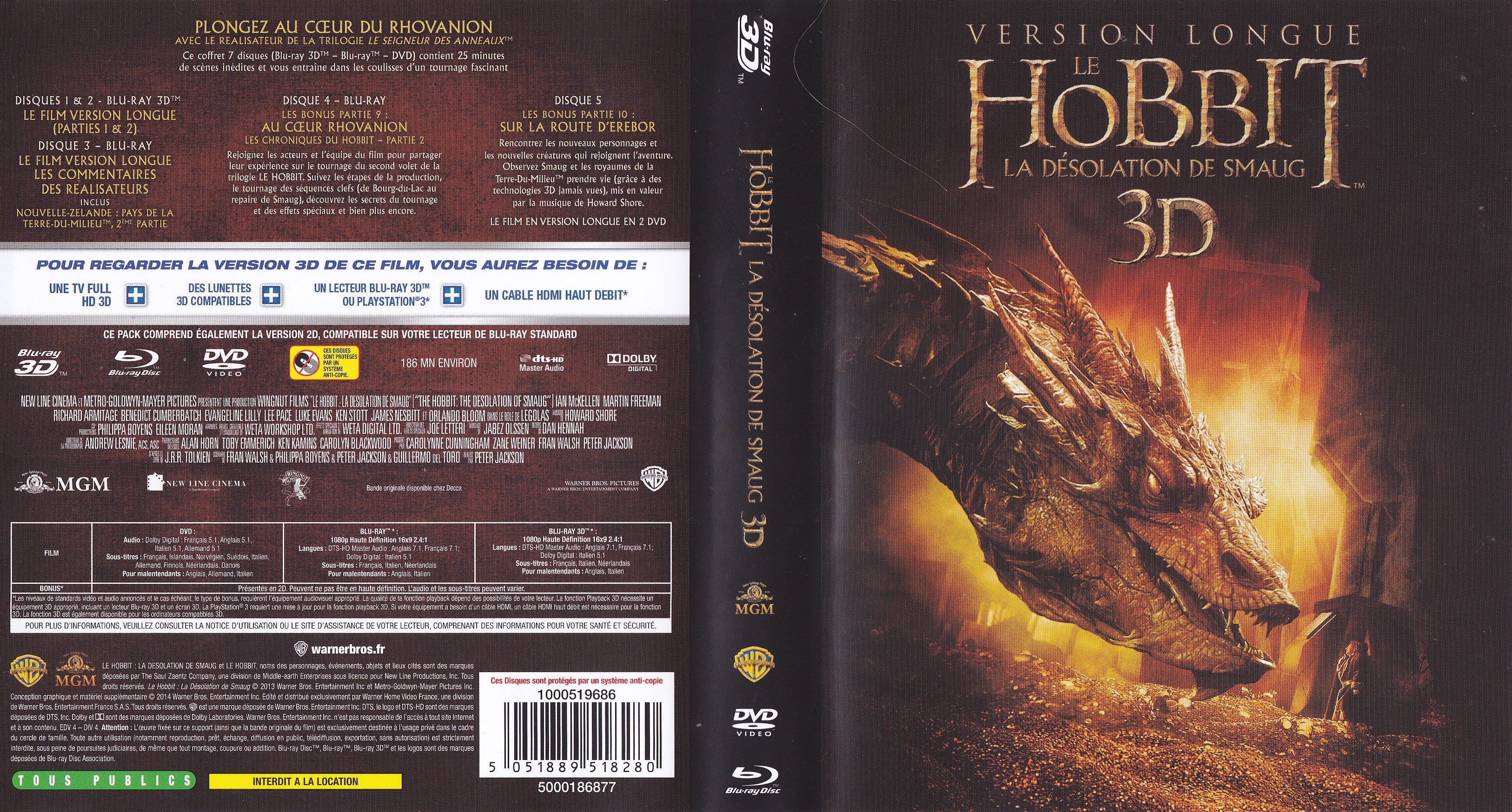 Jaquette DVD Le Hobbit la Dsolation de Smaug 3D (BLU-RAY)