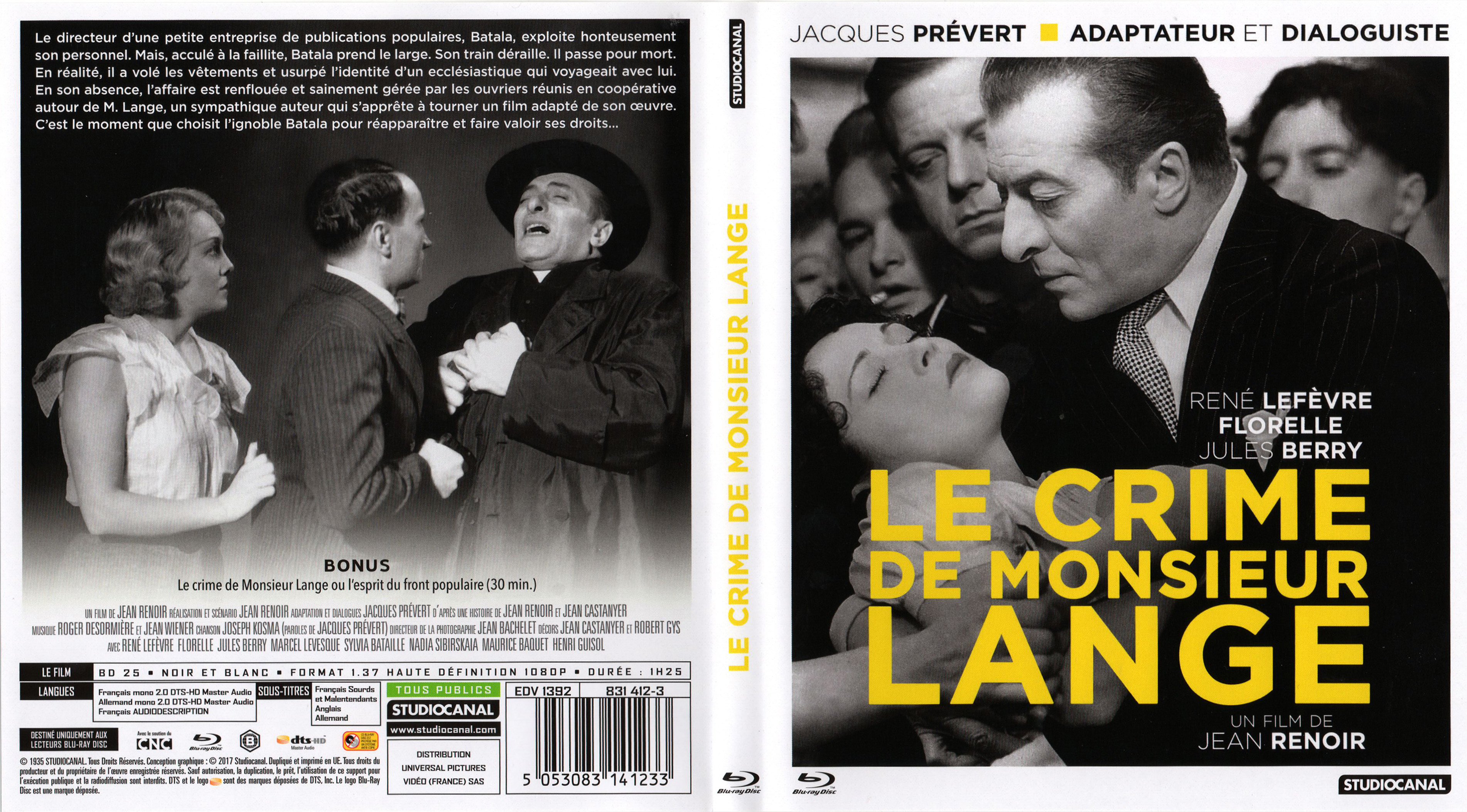 Jaquette DVD Le crime de Monsieur Lange (BLU-RAY)