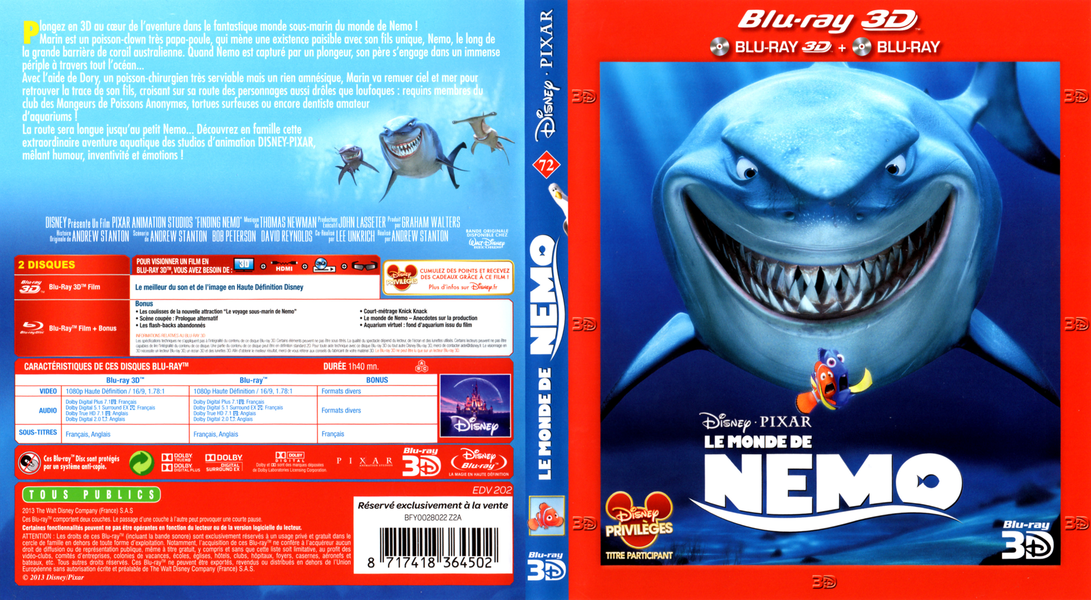 Jaquette DVD Le monde de Nemo 3D (BLU-RAY)