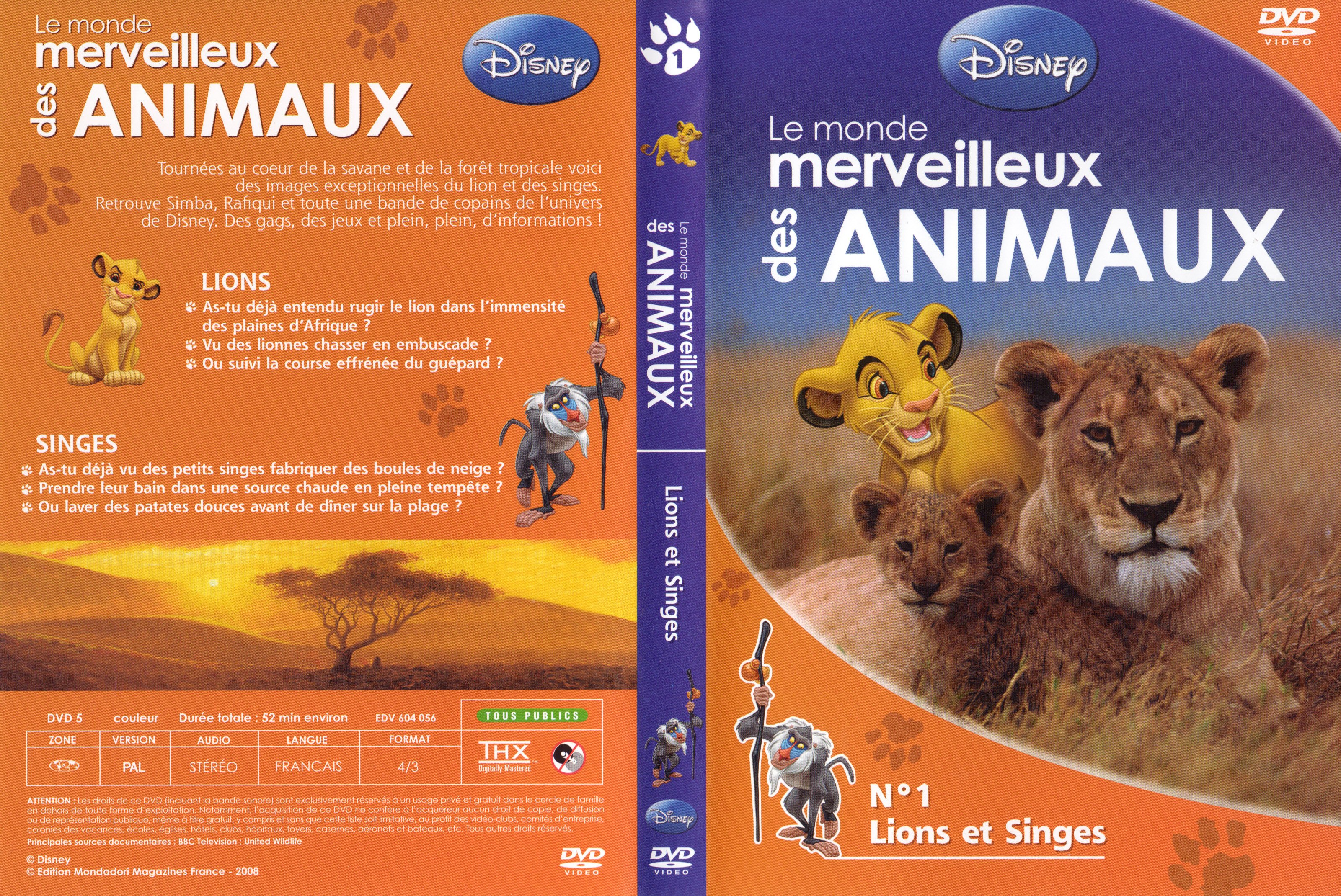 Jaquette DVD Le monde merveilleux des animaux - Lions et singes