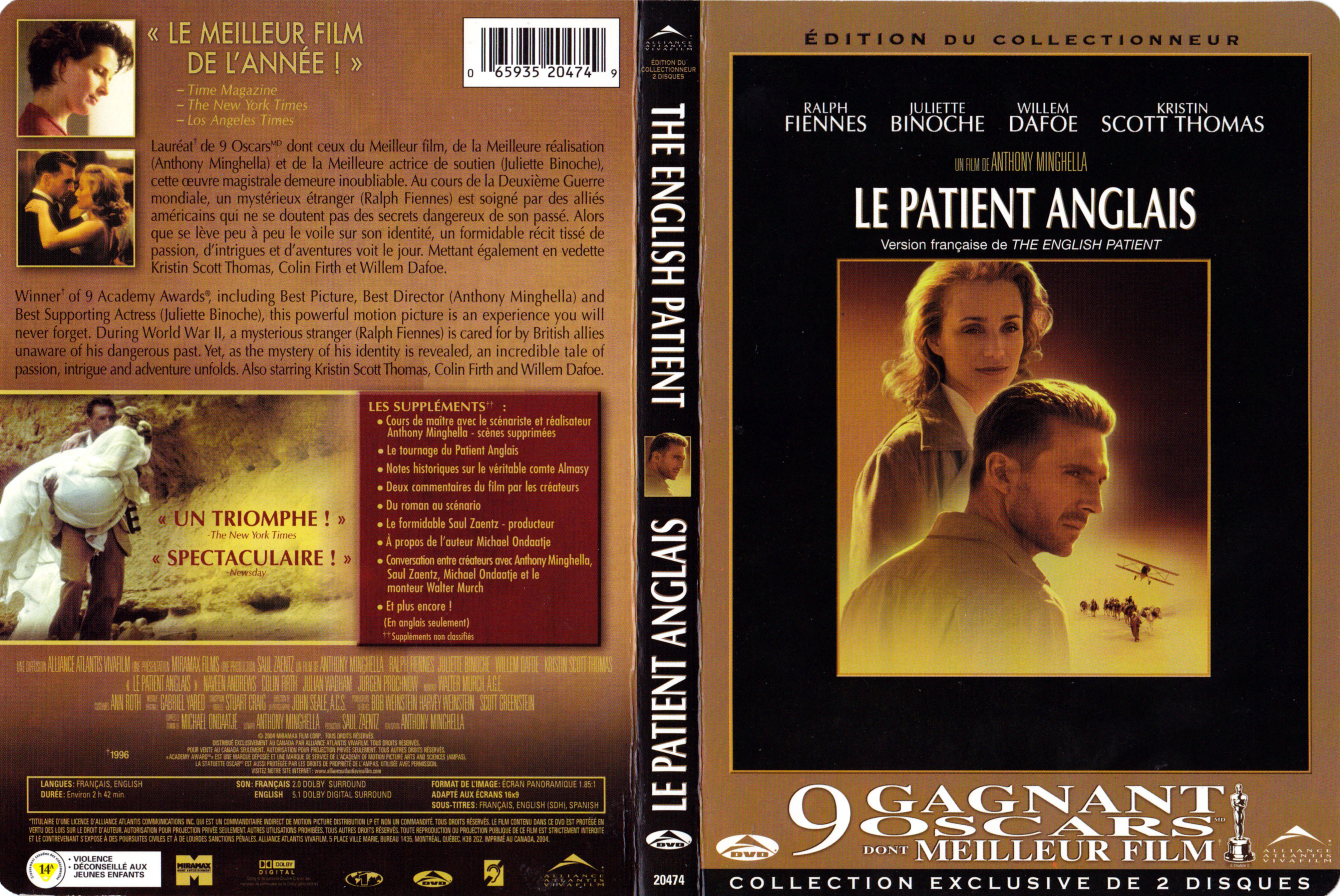 Jaquette DVD Le patient anglais (Canadienne)