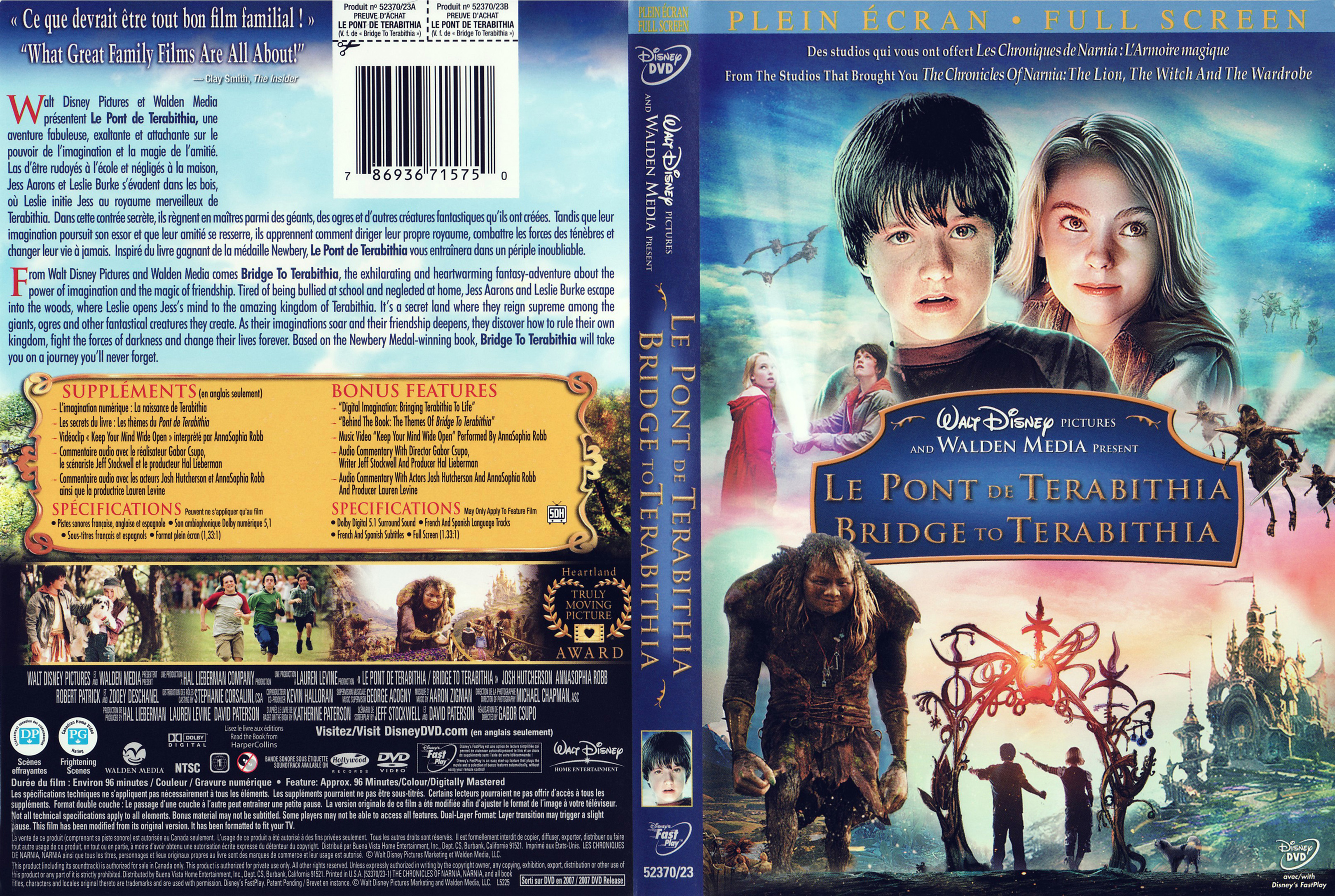 Jaquette DVD Le pont de Terabithia (Canadienne)