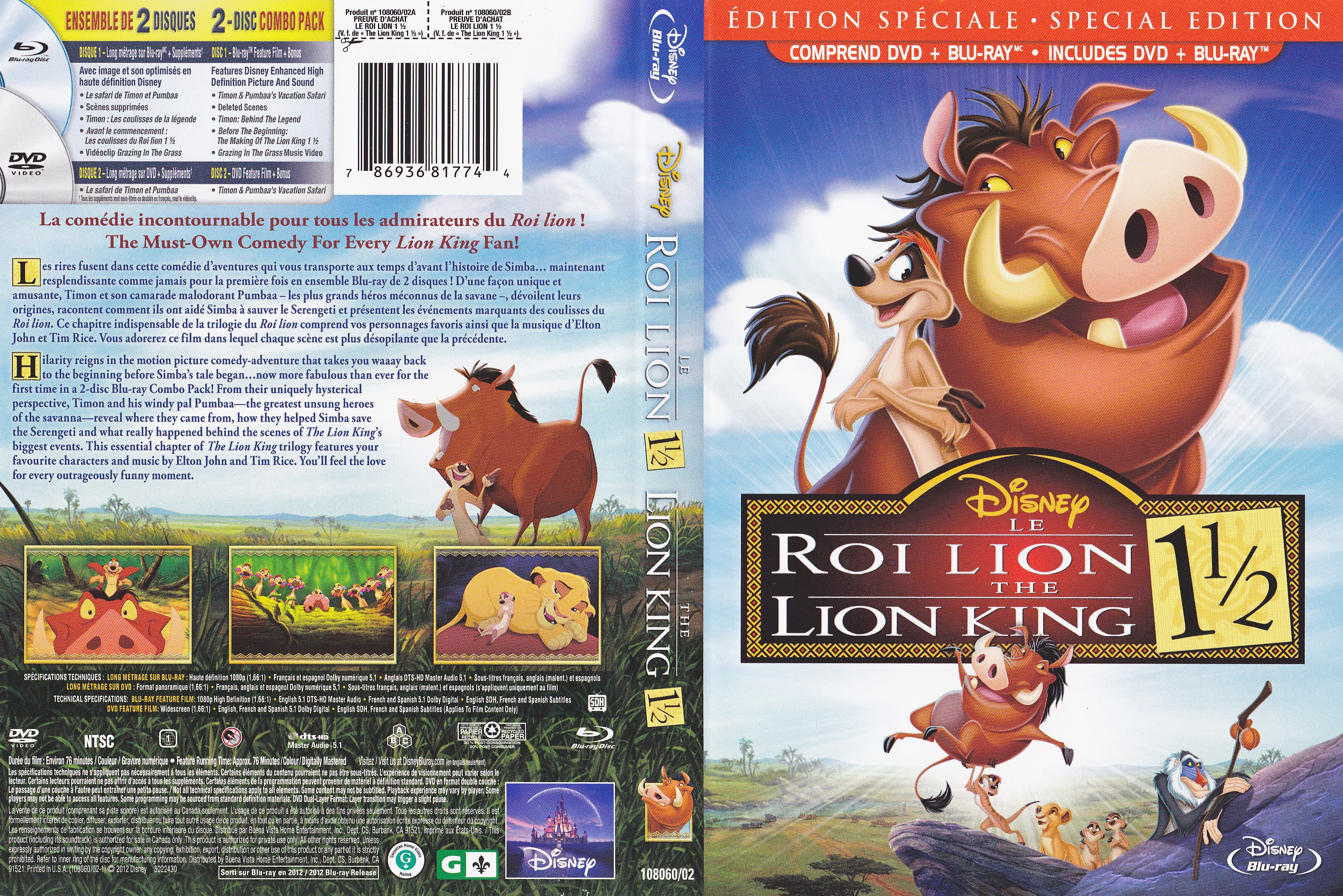 Jaquette DVD Le roi lion 1 et demie (Canadienne) (BLU-RAY)