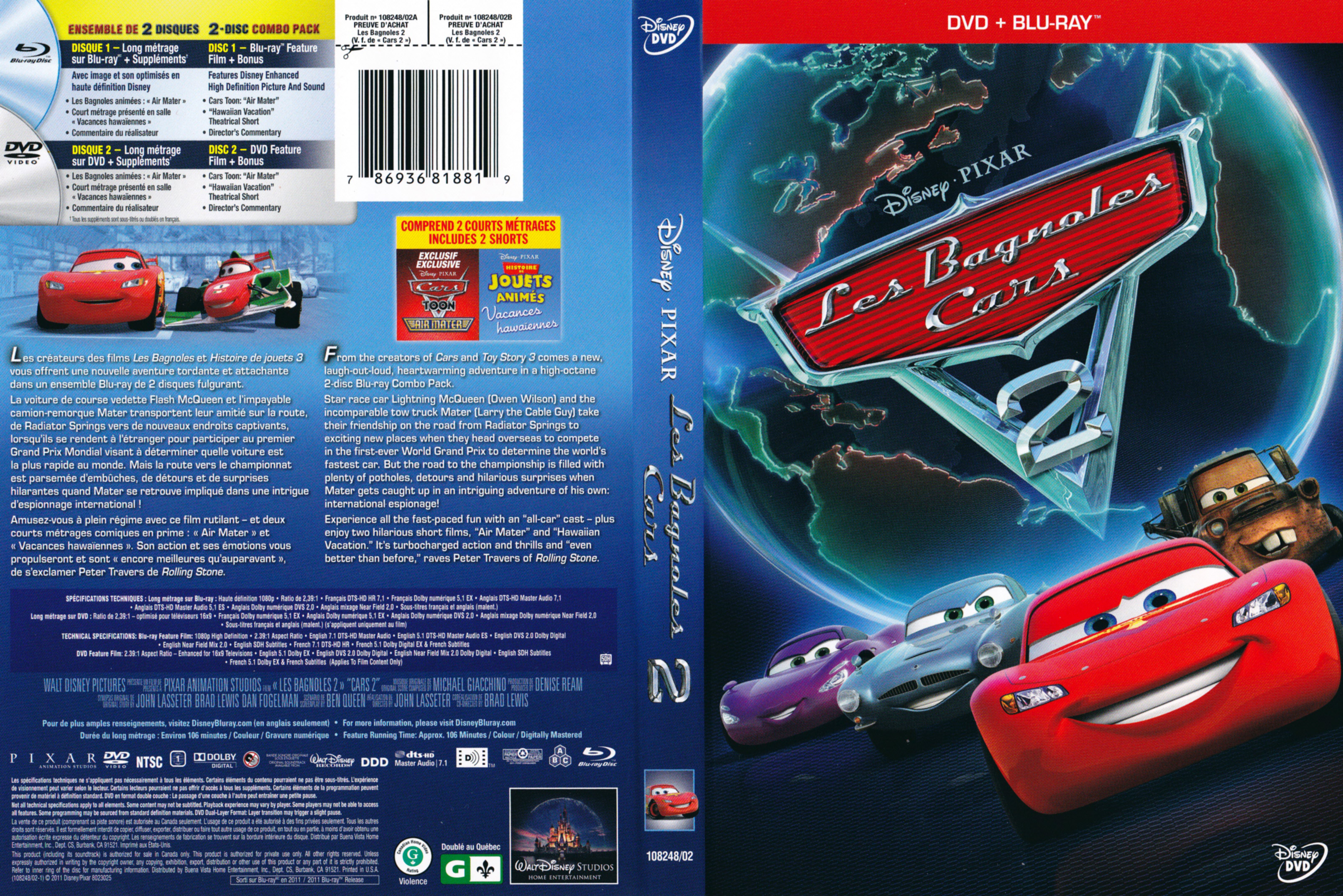 Jaquette DVD Les Bagnoles 2 - Cars 2 (Canadienne) (BLU-RAY)