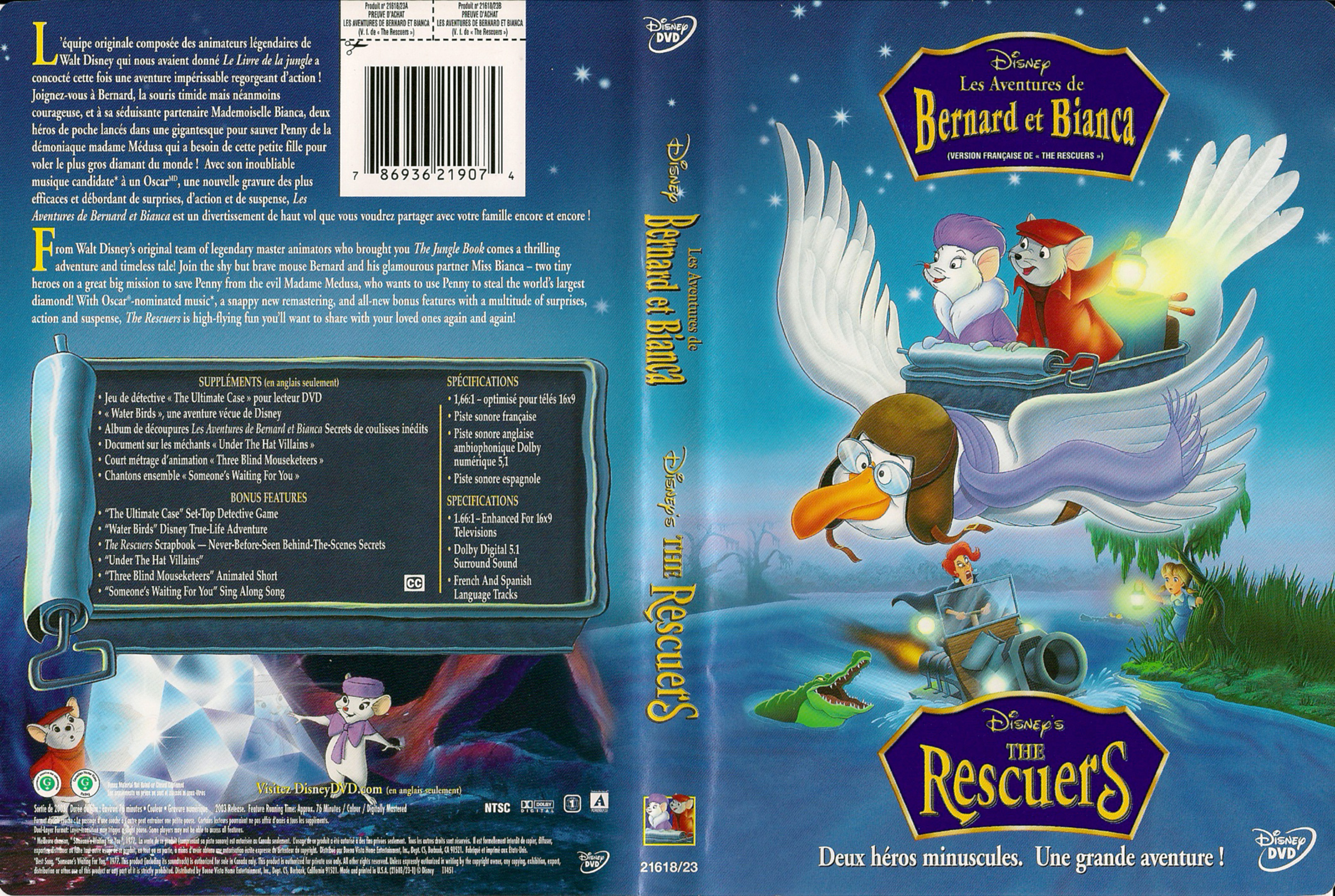 Jaquette DVD Les aventures de Bernard et Bianca (Canadienne)