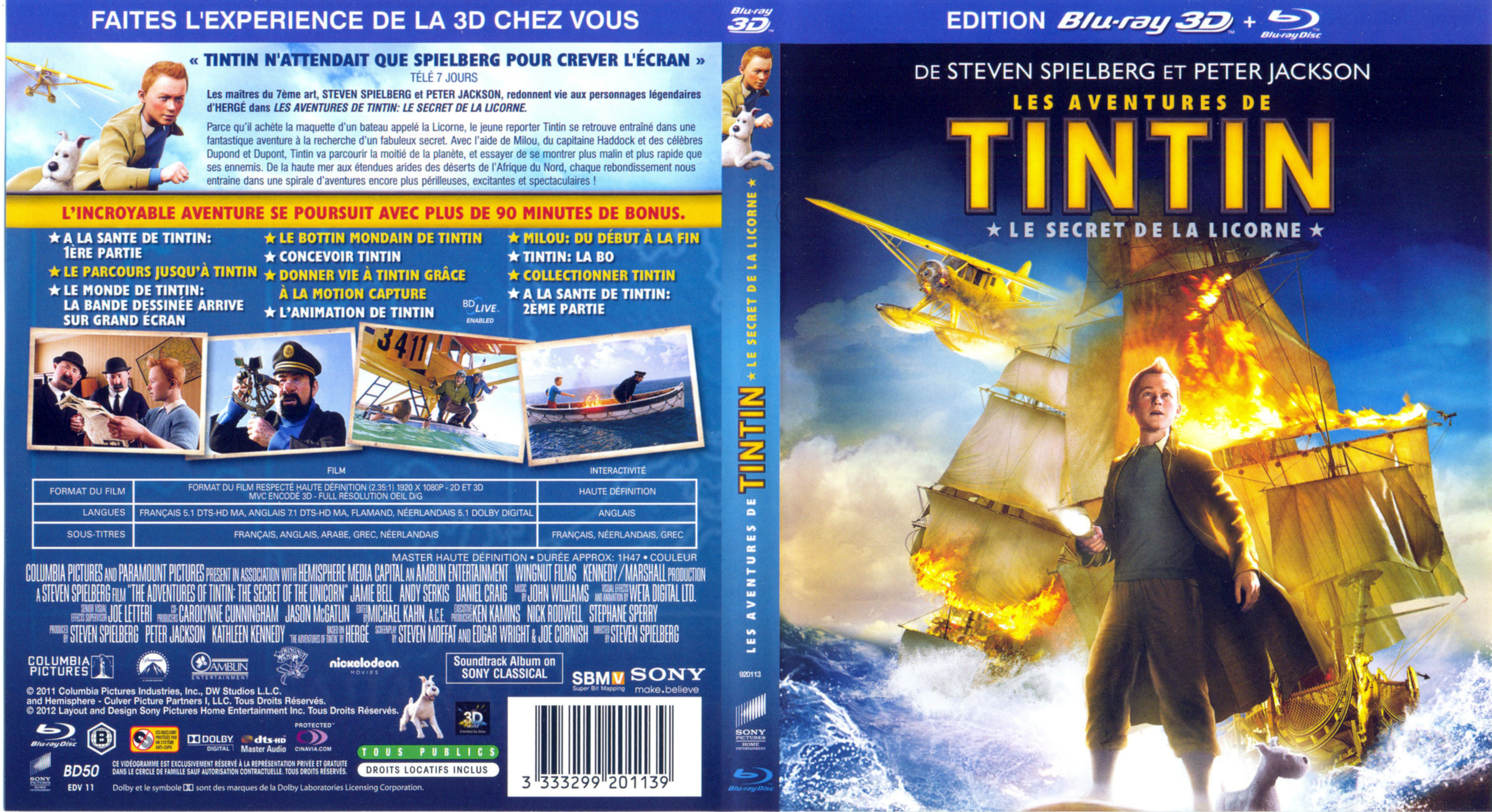 Jaquette DVD Les aventures de Tintin le secret de la Licorne 3D (BLU-RAY)