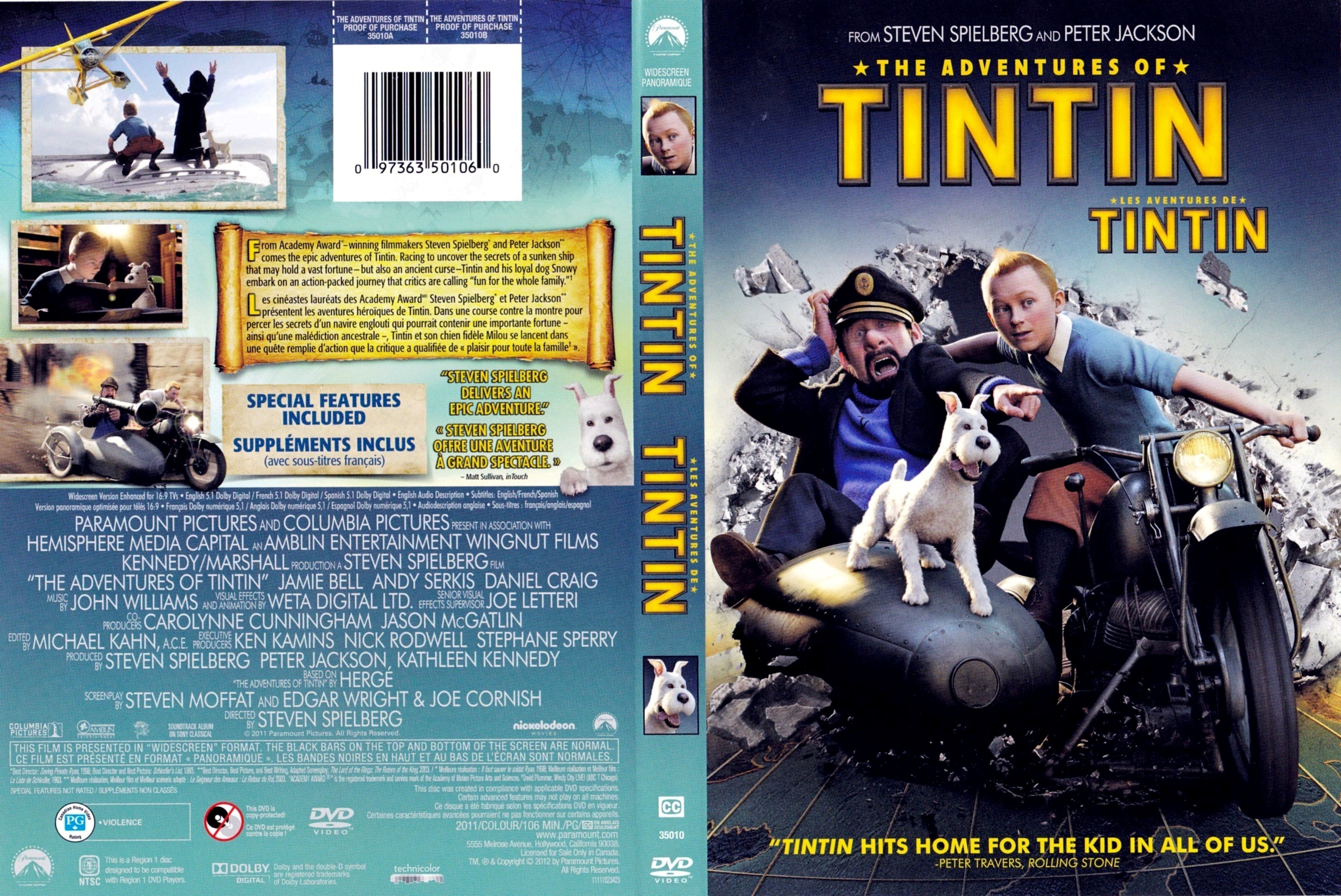 Jaquette DVD Les aventures de Tintin le secret de la Licorne (Canadienne)