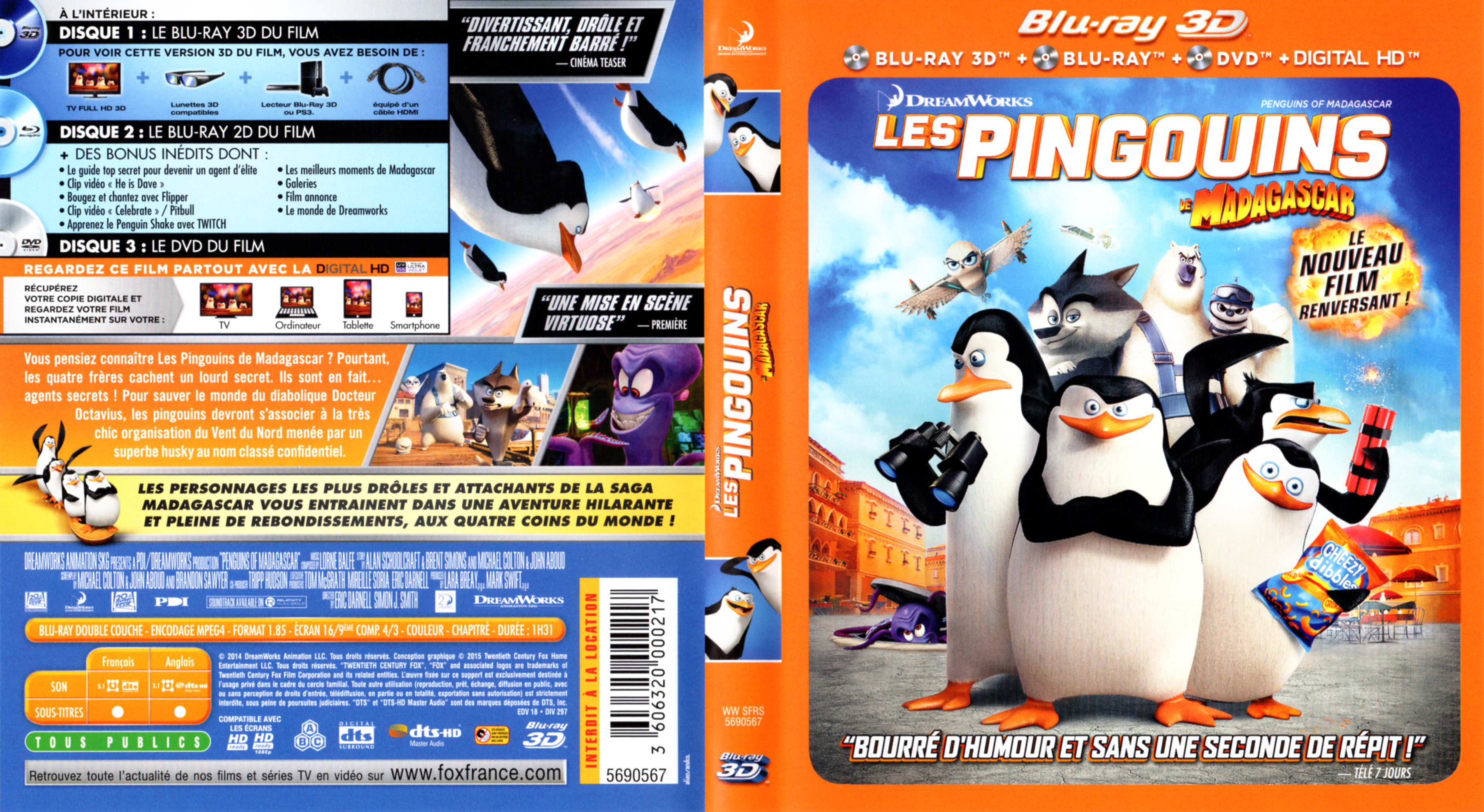 Jaquette DVD Les pingouins de Madagascar 3D (BLU-RAY)