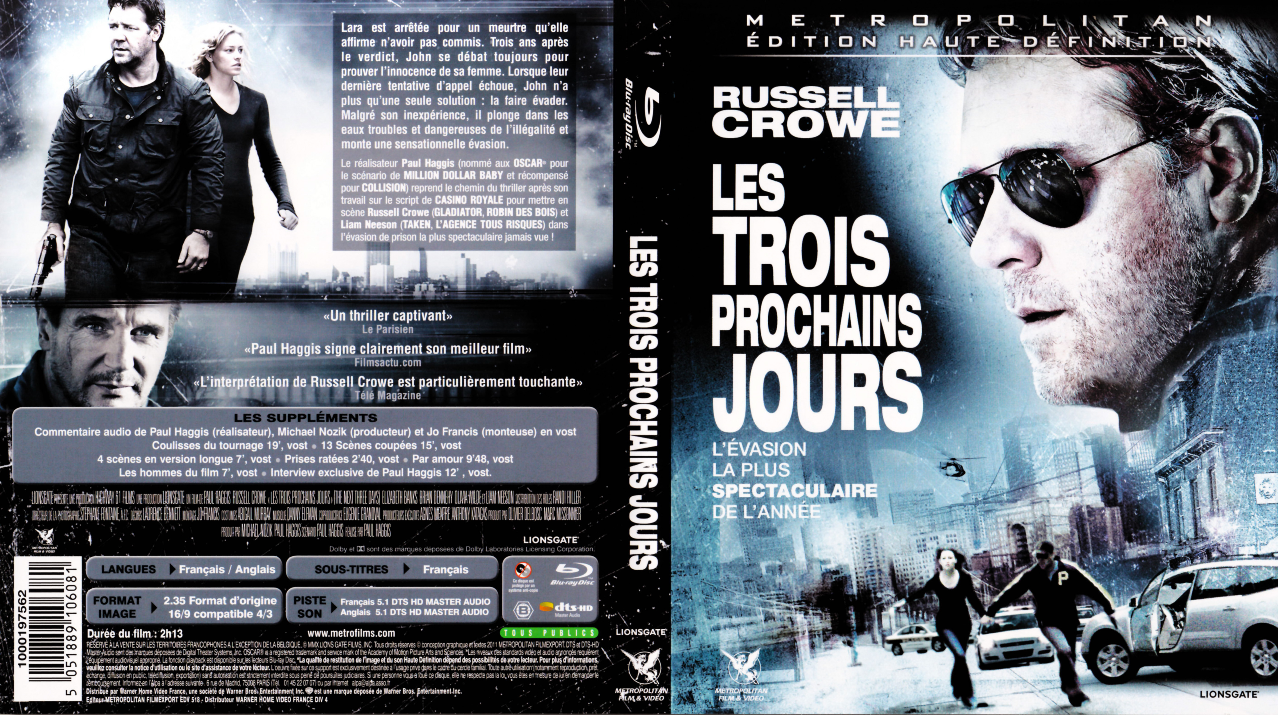 Jaquette DVD Les trois prochains jours (BLU-RAY)
