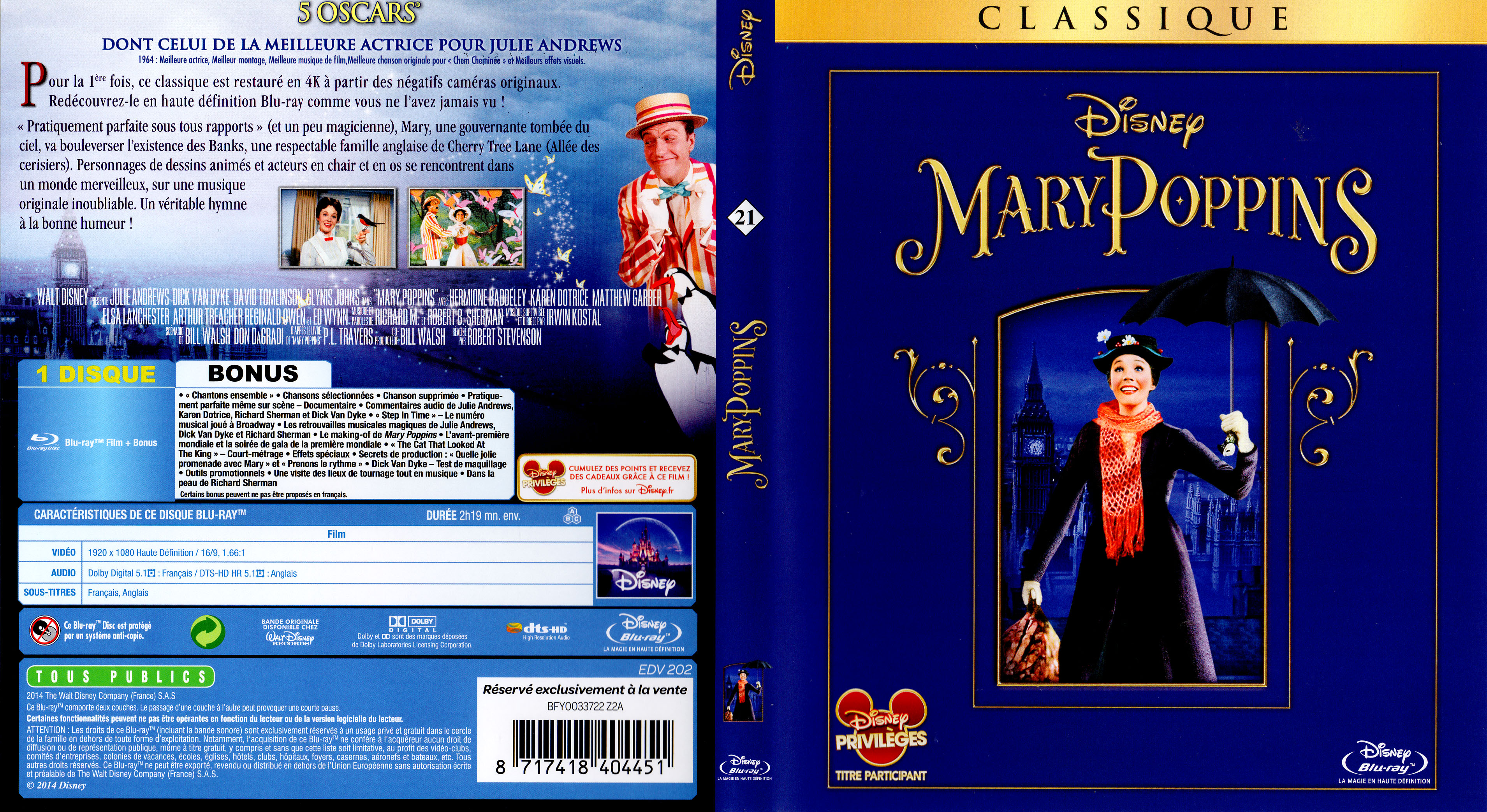 Jaquette DVD Mary Poppins (BLU-RAY)