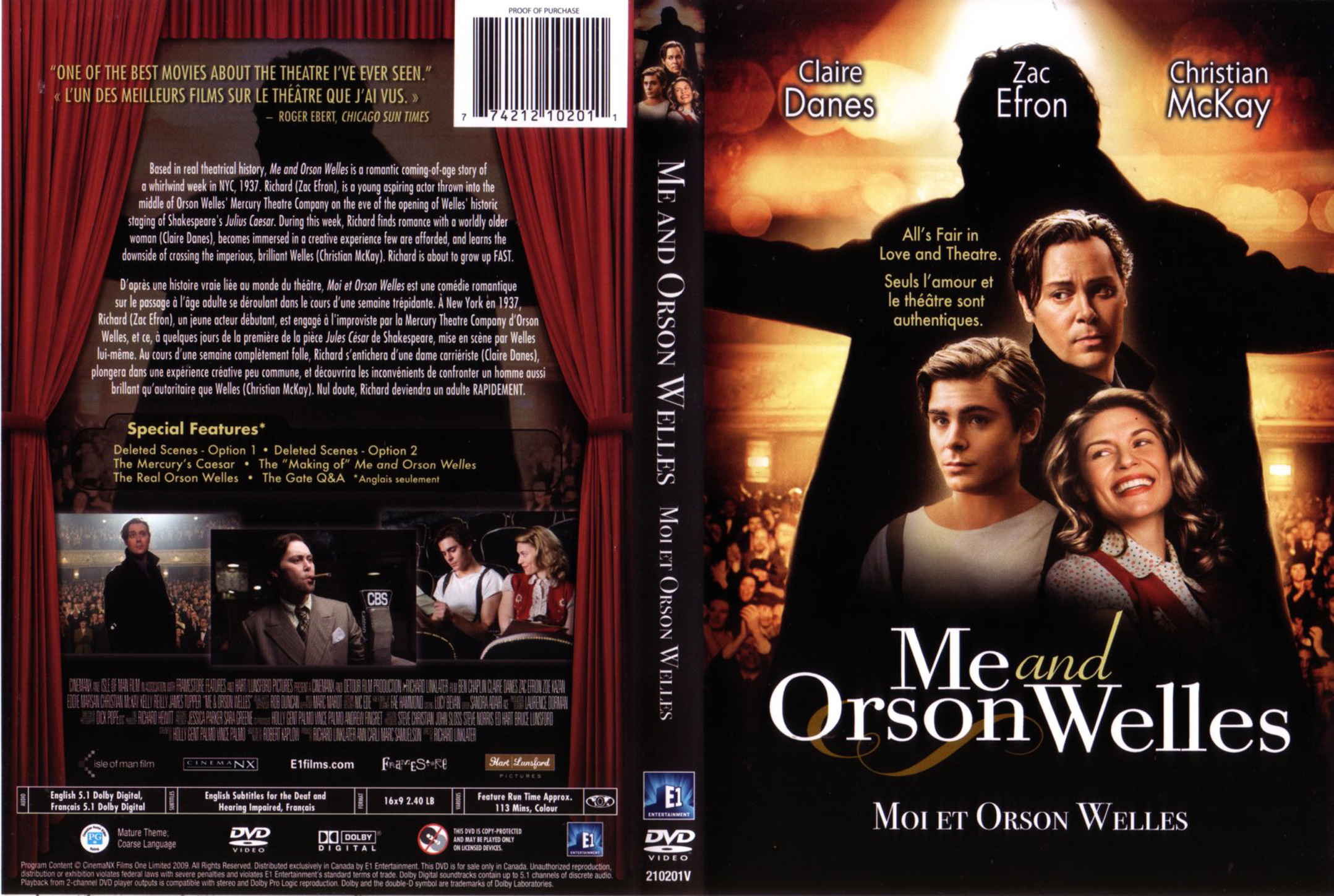 Jaquette DVD Me and Orson Welles - Moi et Orson Welles (Canadienne)