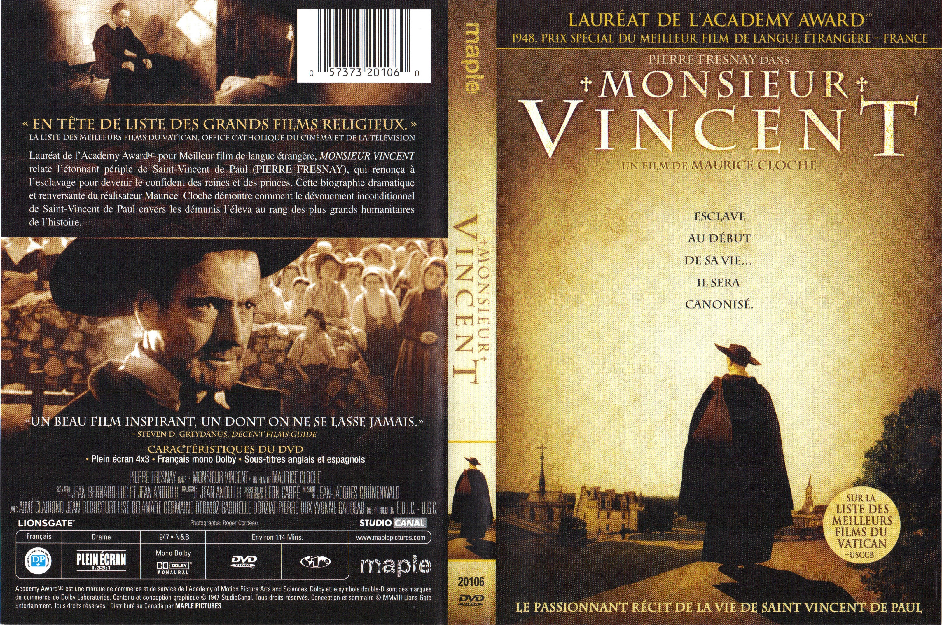 Jaquette DVD Monsieur Vincent (Canadienne)