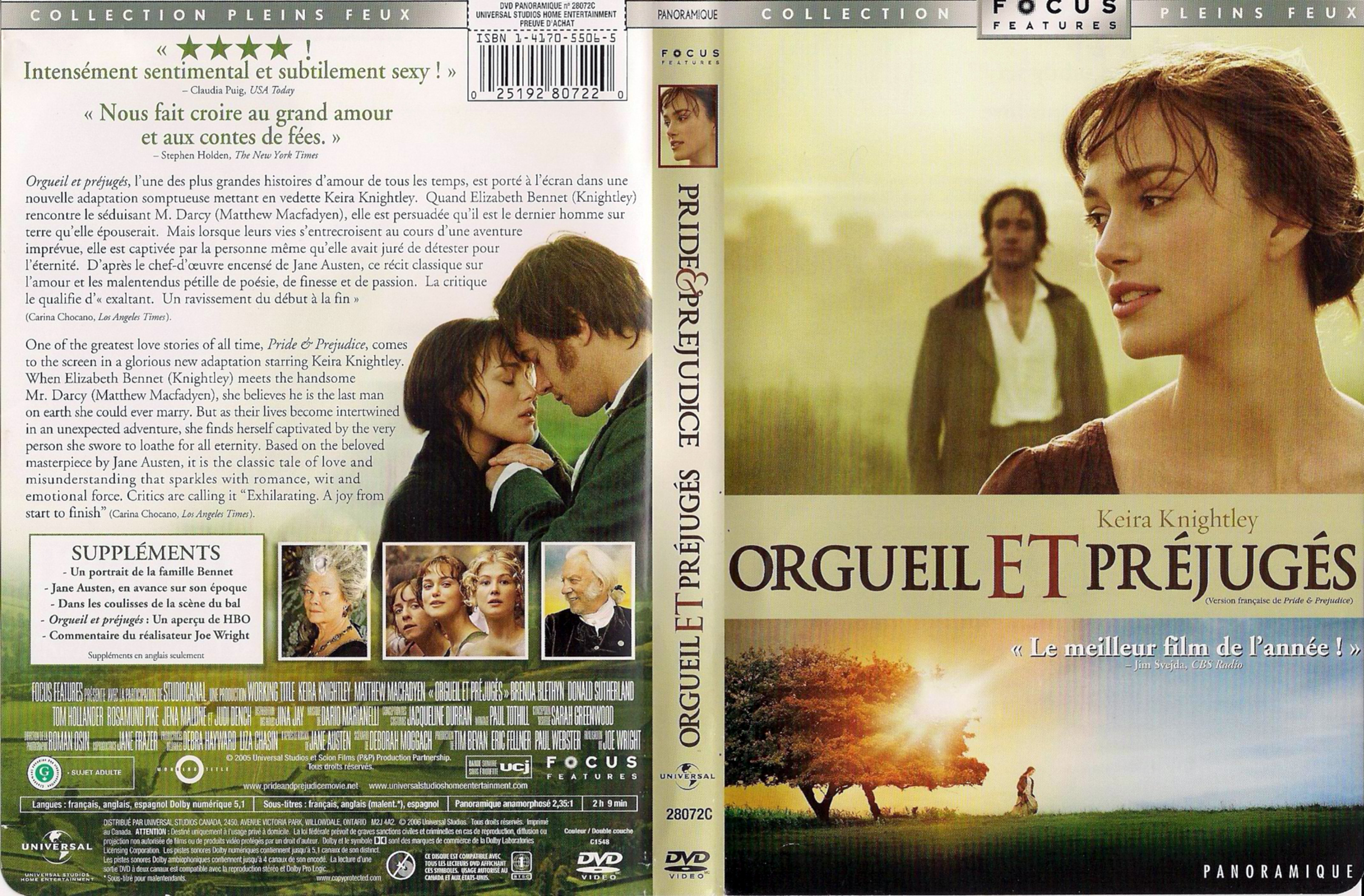 Jaquette DVD Orgueil et prjugs - Pride and prjudice (Canadienne)