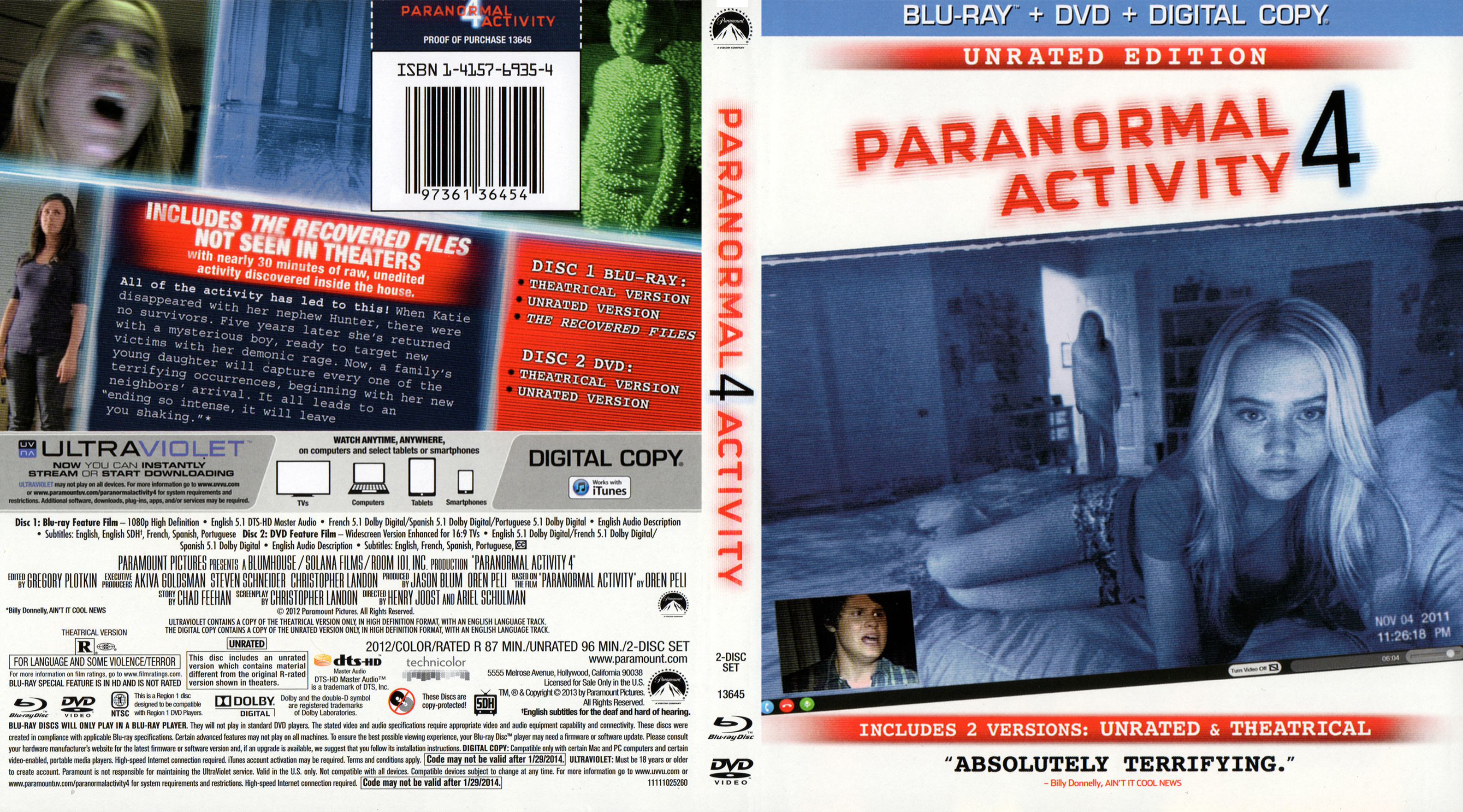 Jaquette DVD Paranormal activity 4 Zone 1 (BLU-RAY)