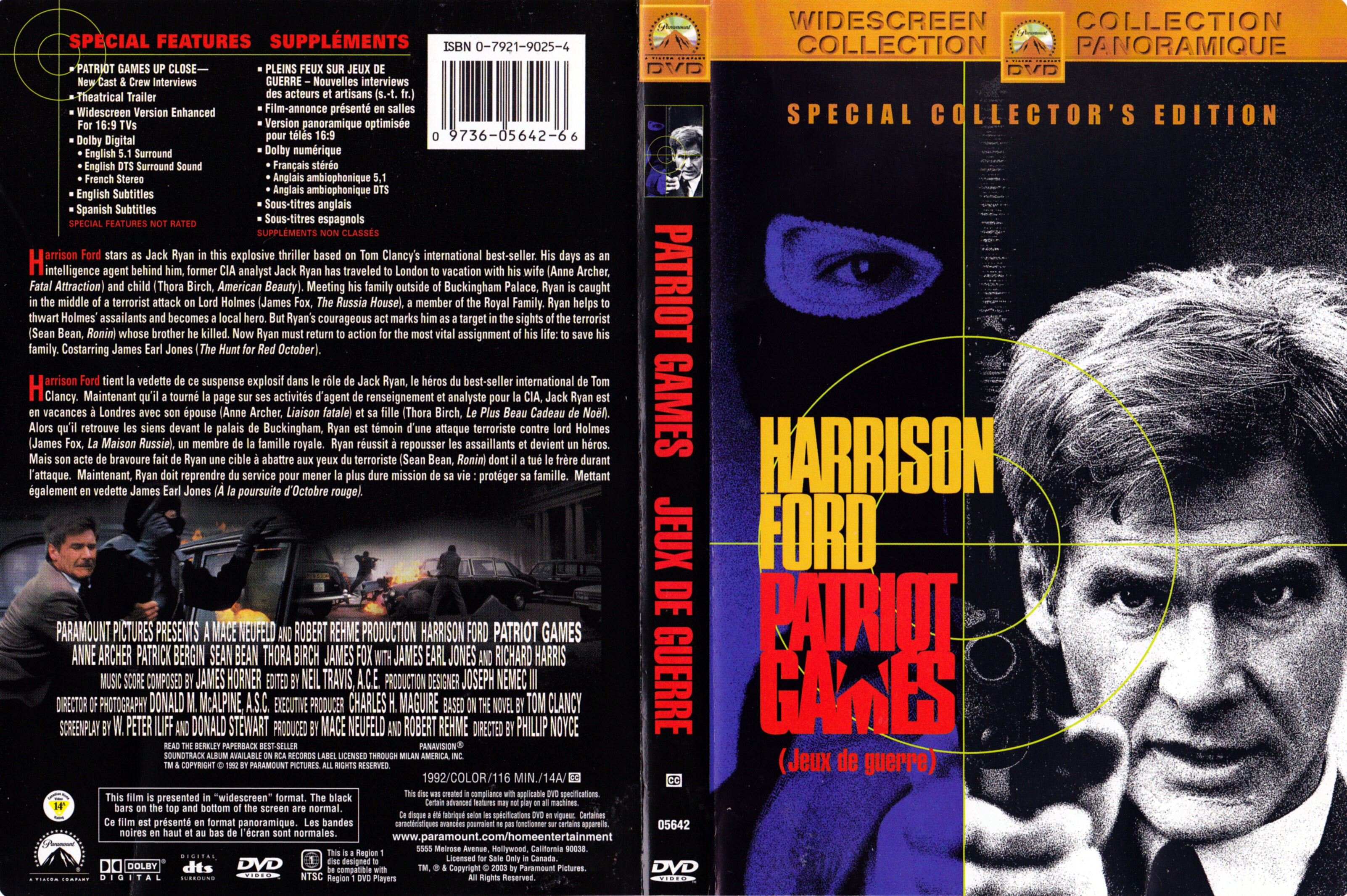 Jaquette DVD Patriot games - Jeux de guerre (Canadienne)