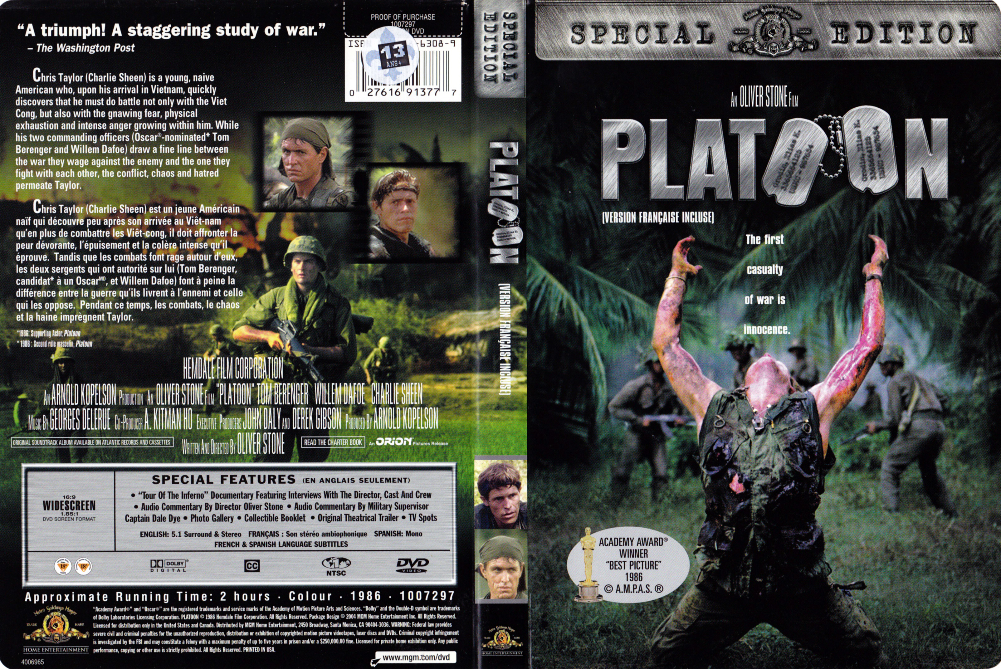Jaquette DVD Platoon (Canadienne)