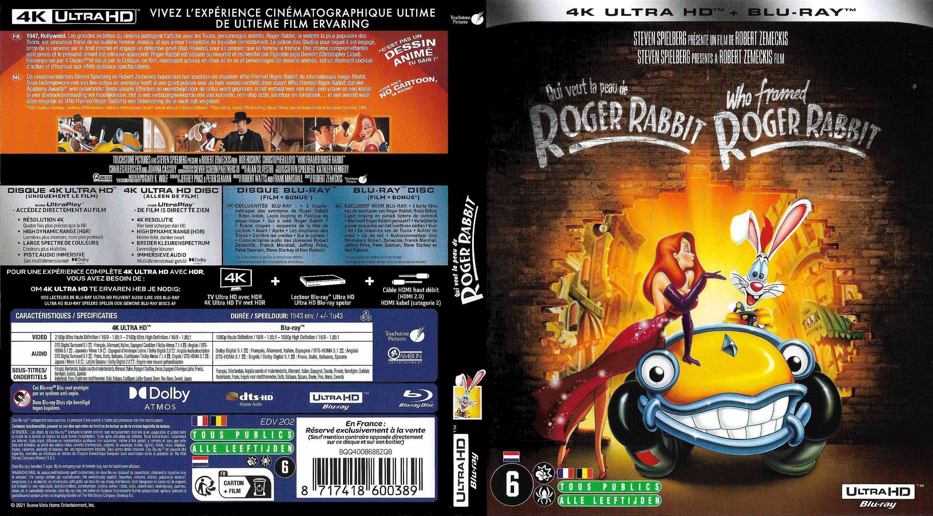 Jaquette DVD Qui Veut La Peau De Roger Rabbit 4K (BLU-RAY)