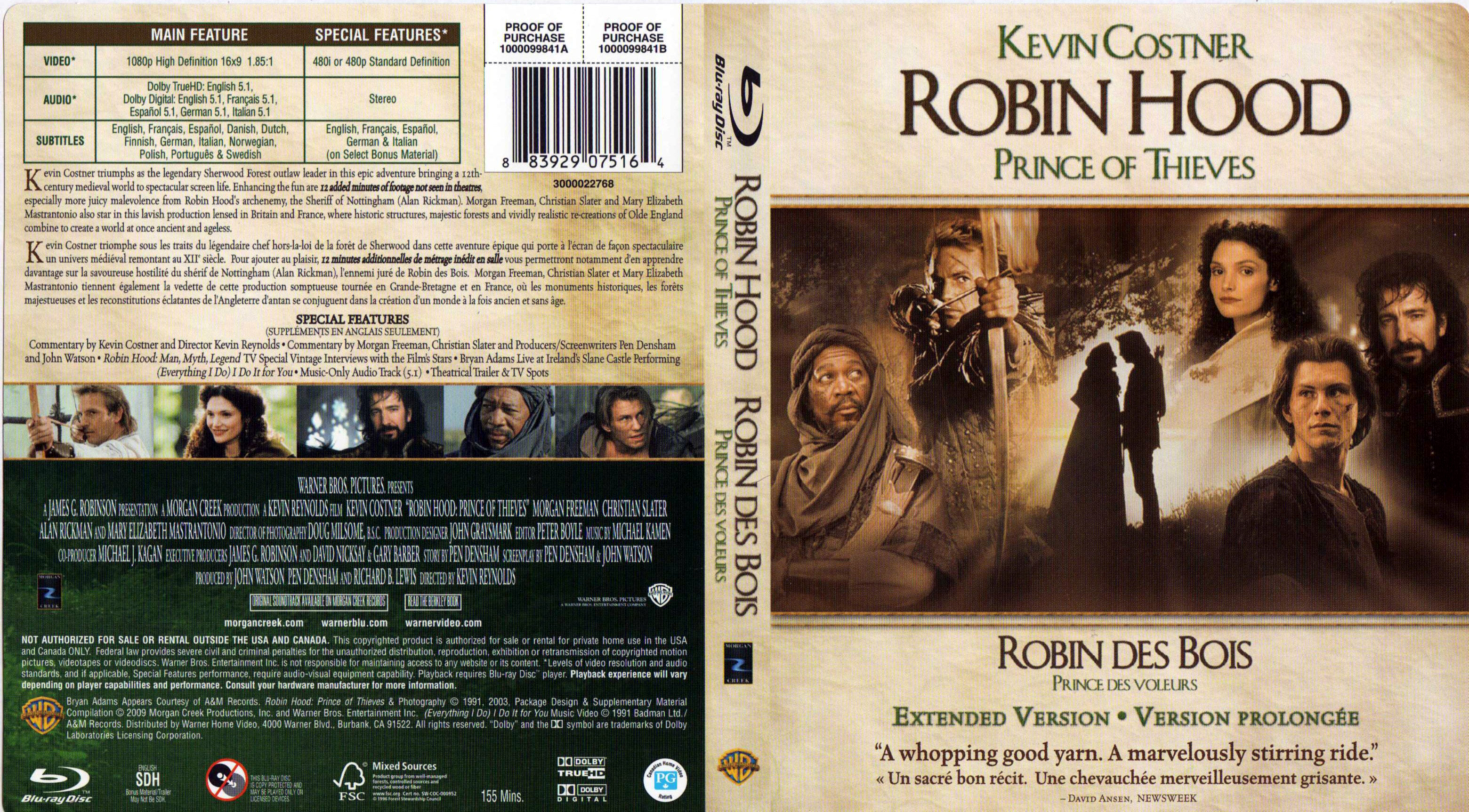 Jaquette DVD Robin des bois prince des voleurs (BLU-RAY) (Canadienne)