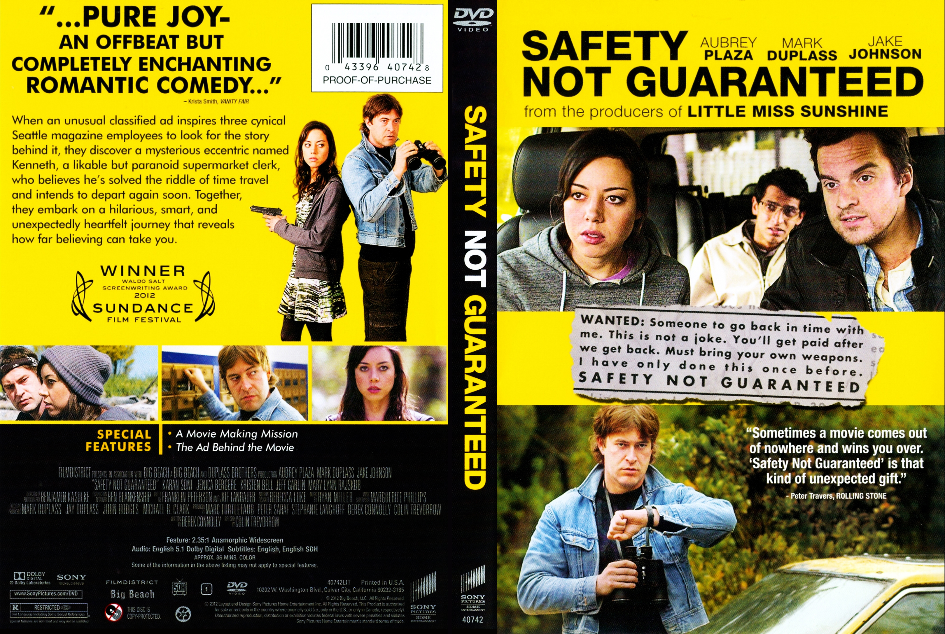 Jaquette DVD Safety Not Guaranteed Zone 1